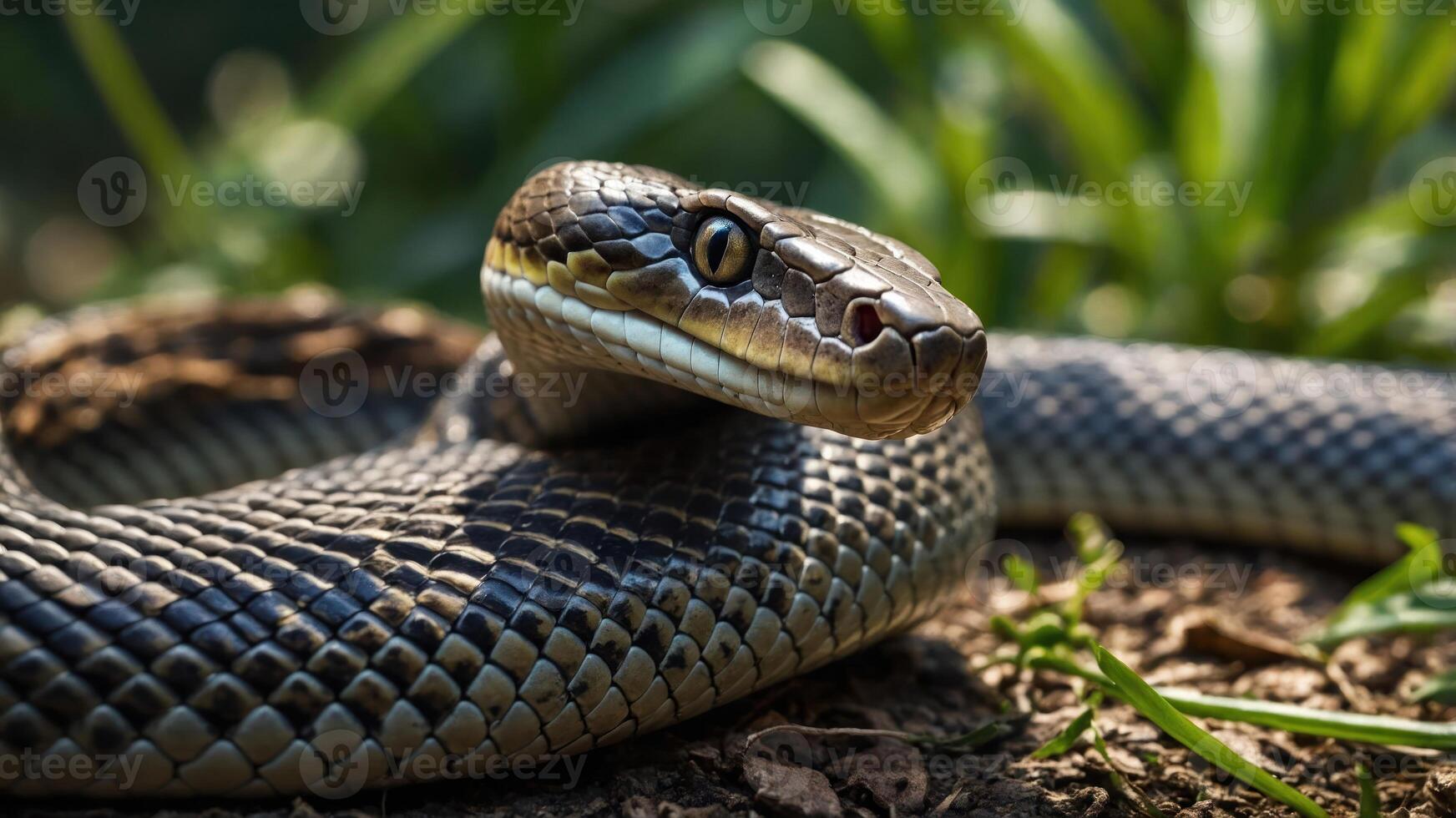 A close-up of a snake resting on the ground amidst green foliage. photo
