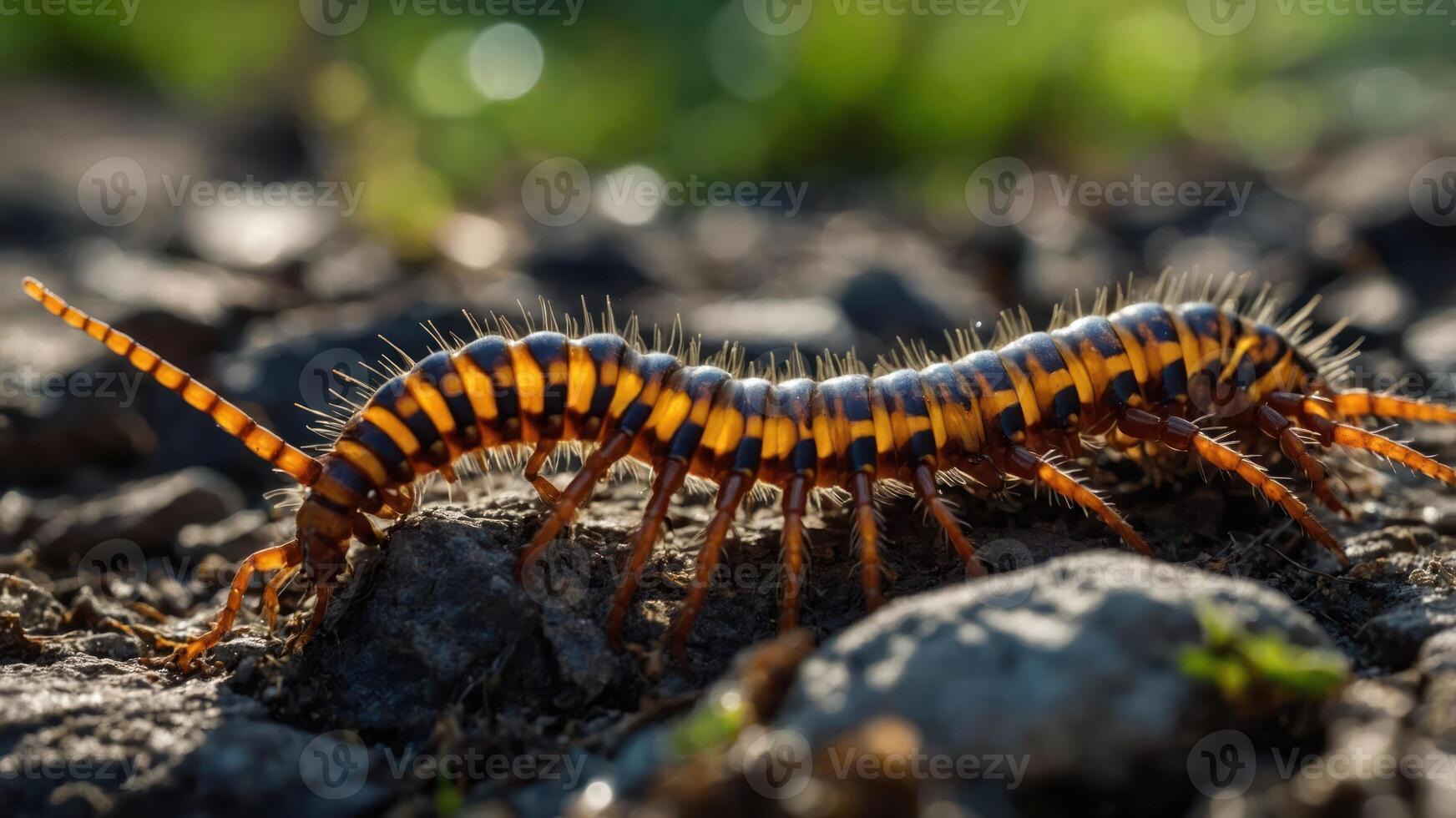 A close-up of a vibrant centipede on a rocky surface, showcasing its distinct coloration and texture. photo