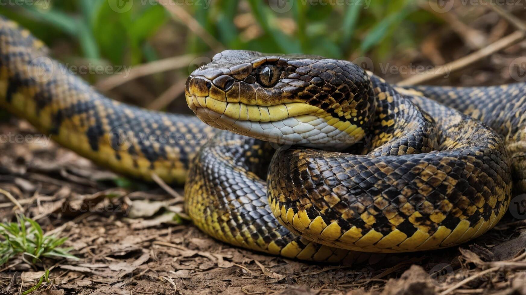 A close-up of a coiled snake resting on the ground amidst greenery. photo