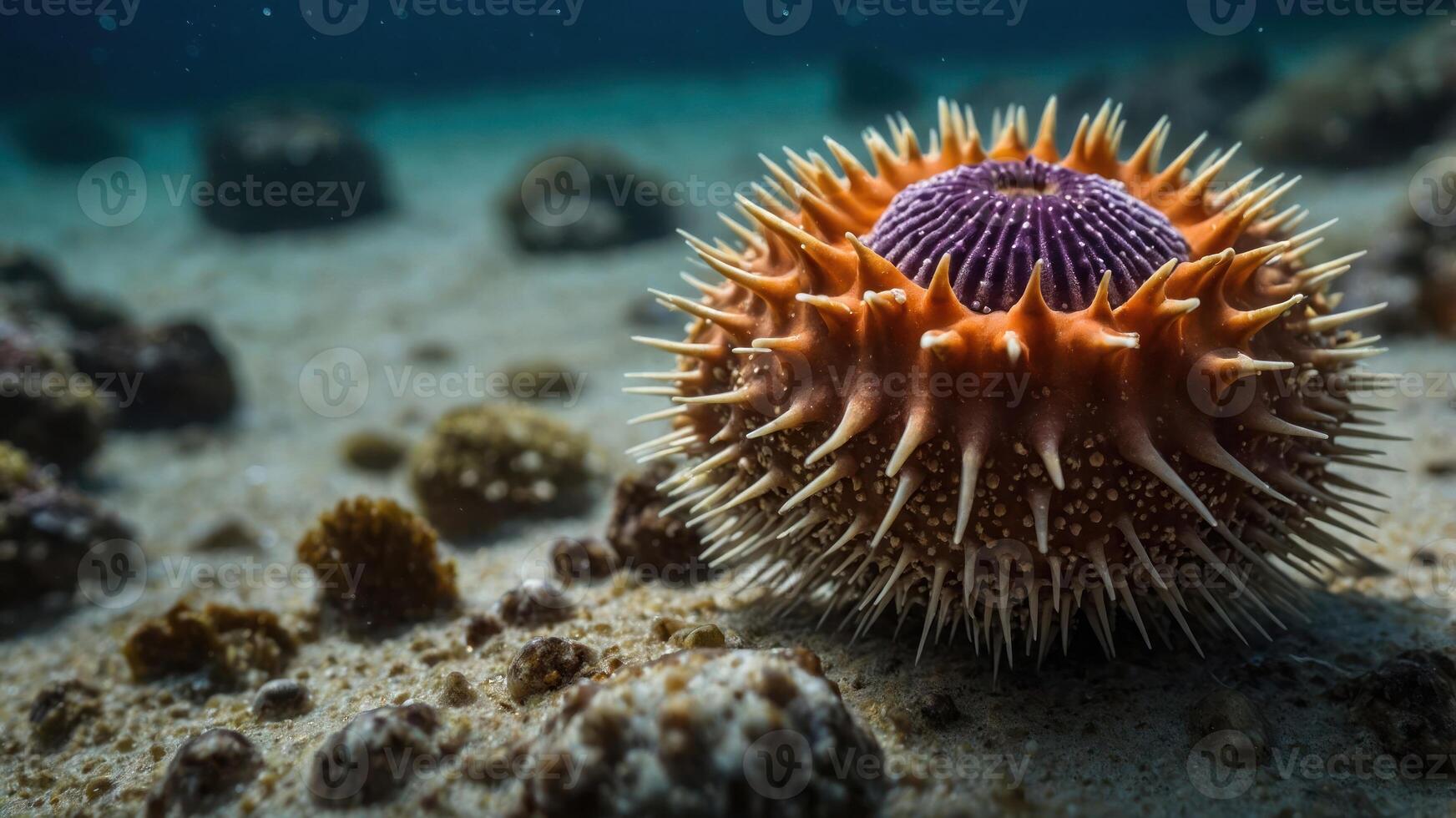 A close-up of a spiky sea star resting on sandy ocean floor among coral formations. photo