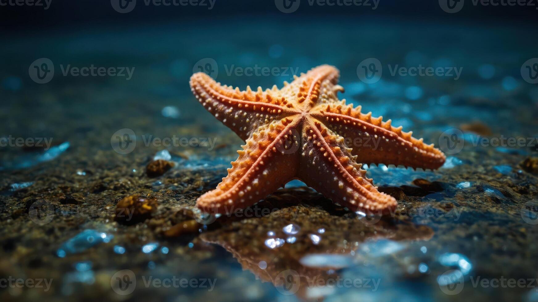 A vibrant starfish resting on a sandy ocean floor, showcasing marine life and beauty. photo