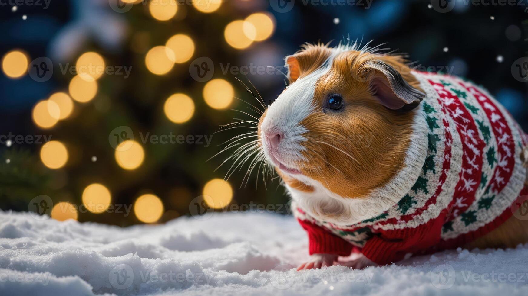 A guinea pig in a festive sweater poses in snow with a blurred Christmas tree in the background. photo