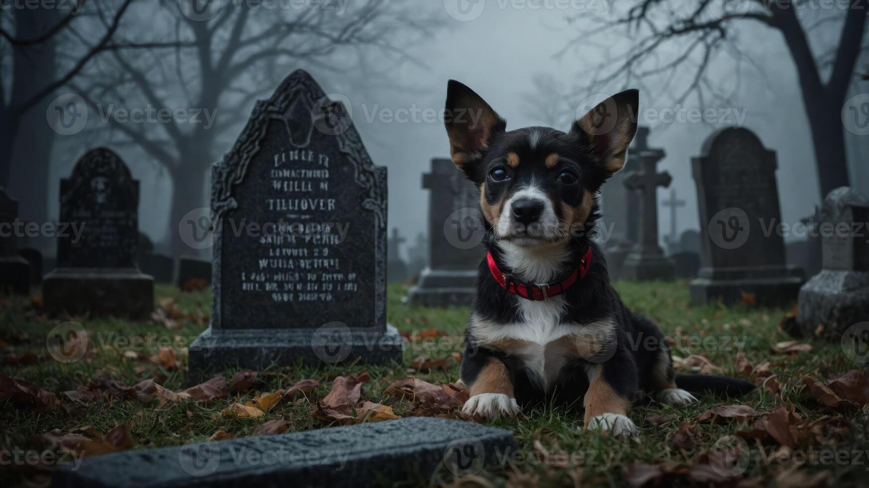 A dog rests in a foggy cemetery, adding a haunting yet serene atmosphere to the scene. photo