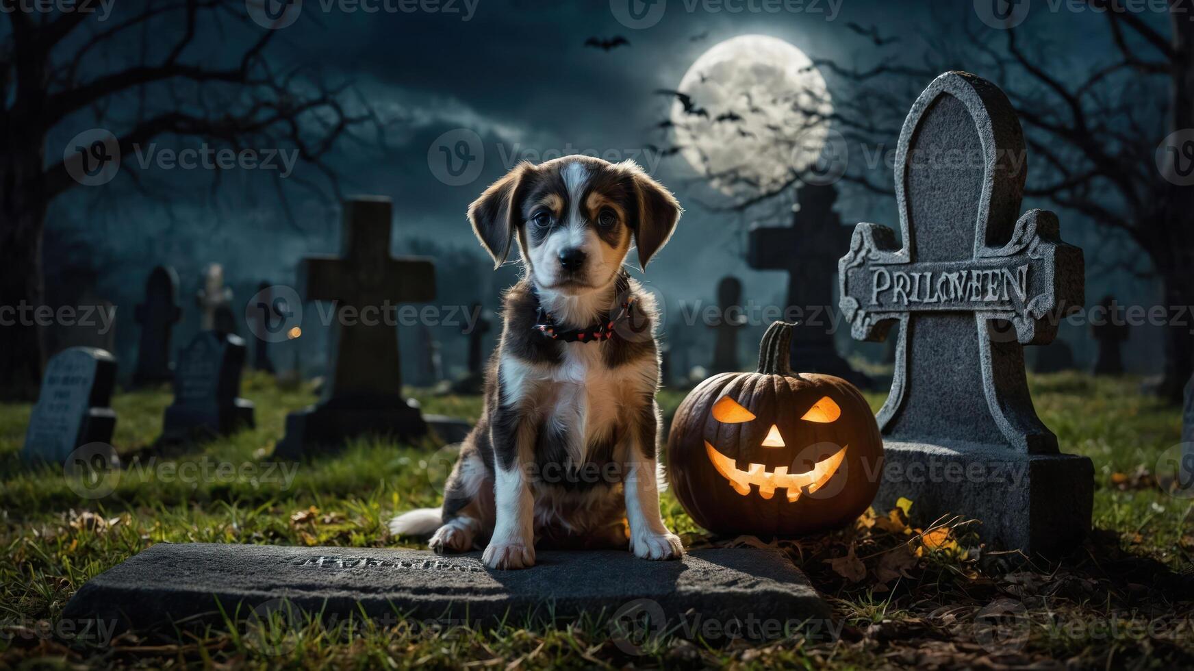 A playful dog sits by a carved pumpkin in a spooky graveyard under a full moon. photo