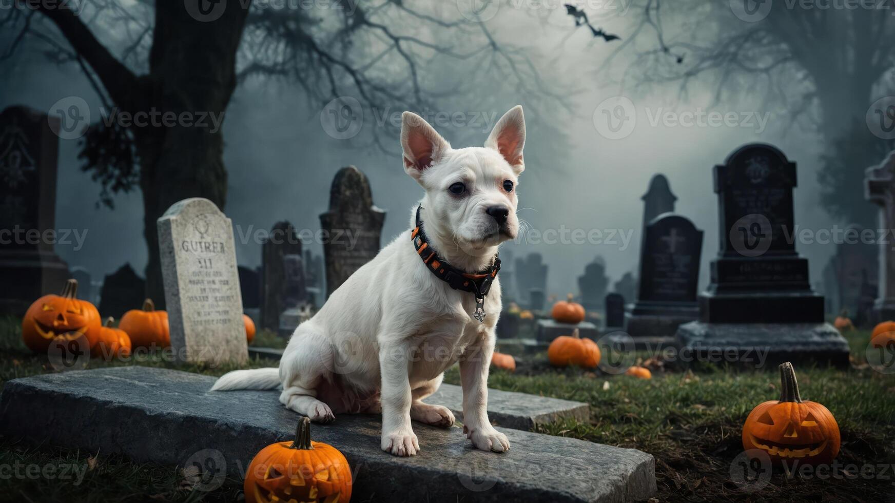 A white dog sits on a gravestone surrounded by pumpkins in a foggy graveyard setting. photo