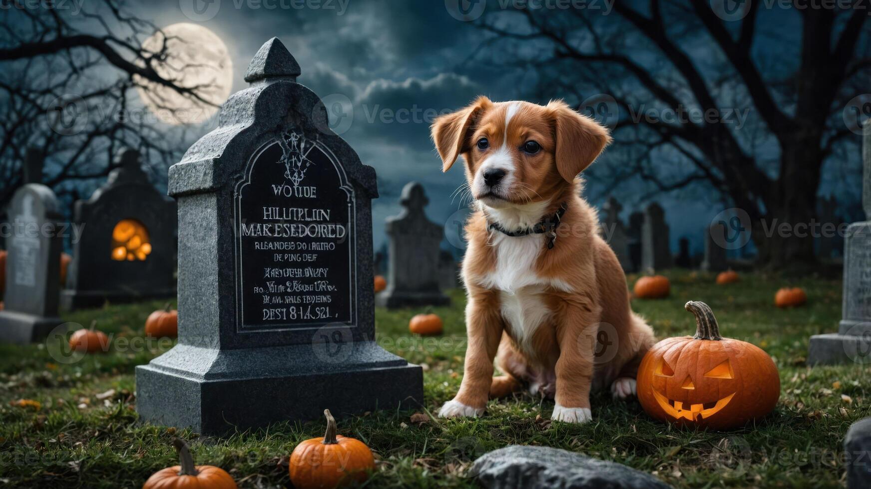 A playful puppy sits beside a gravestone in a spooky Halloween setting with pumpkins. photo