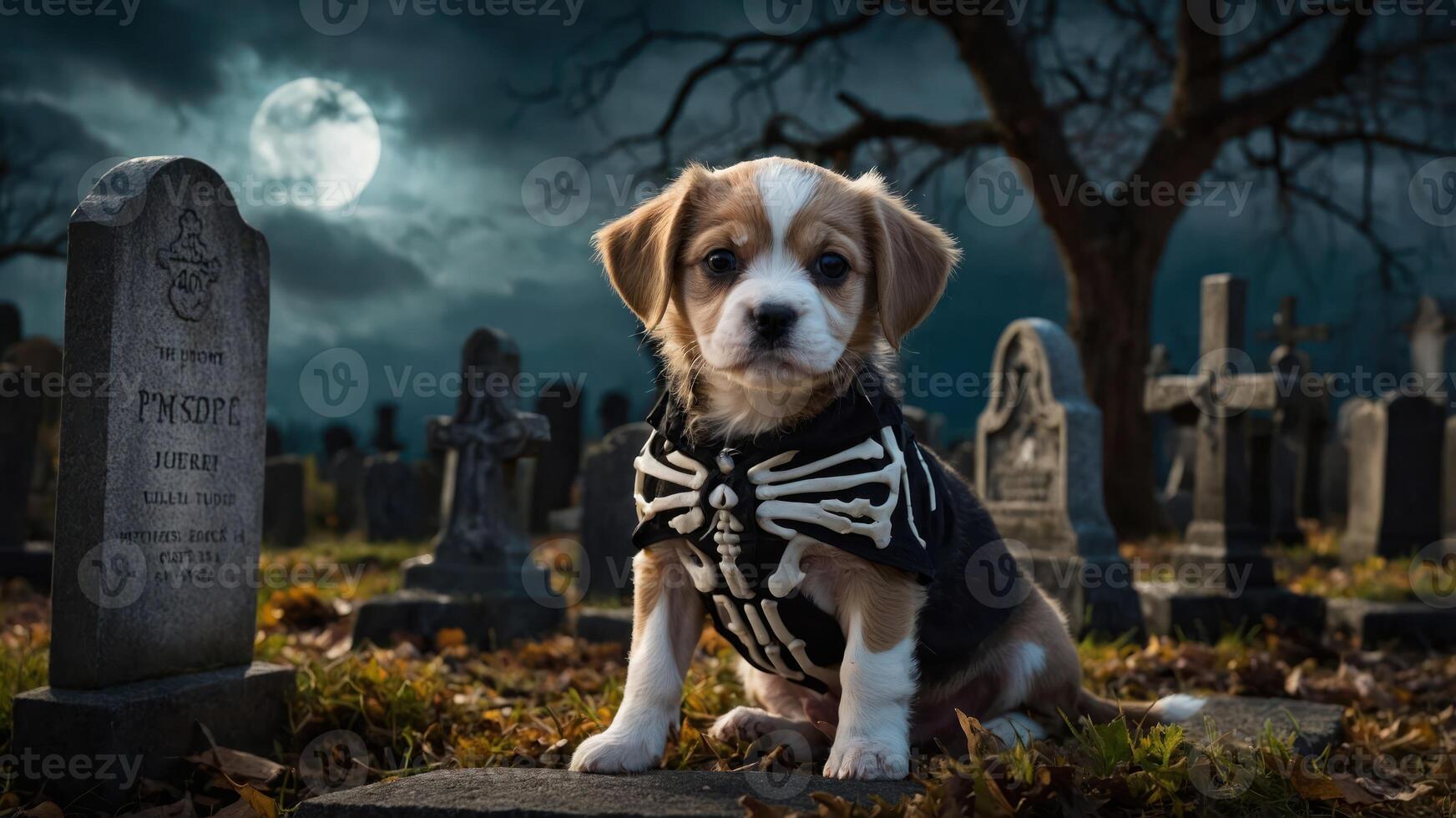 A puppy in a skeleton costume sits in a spooky graveyard under a full moon. photo
