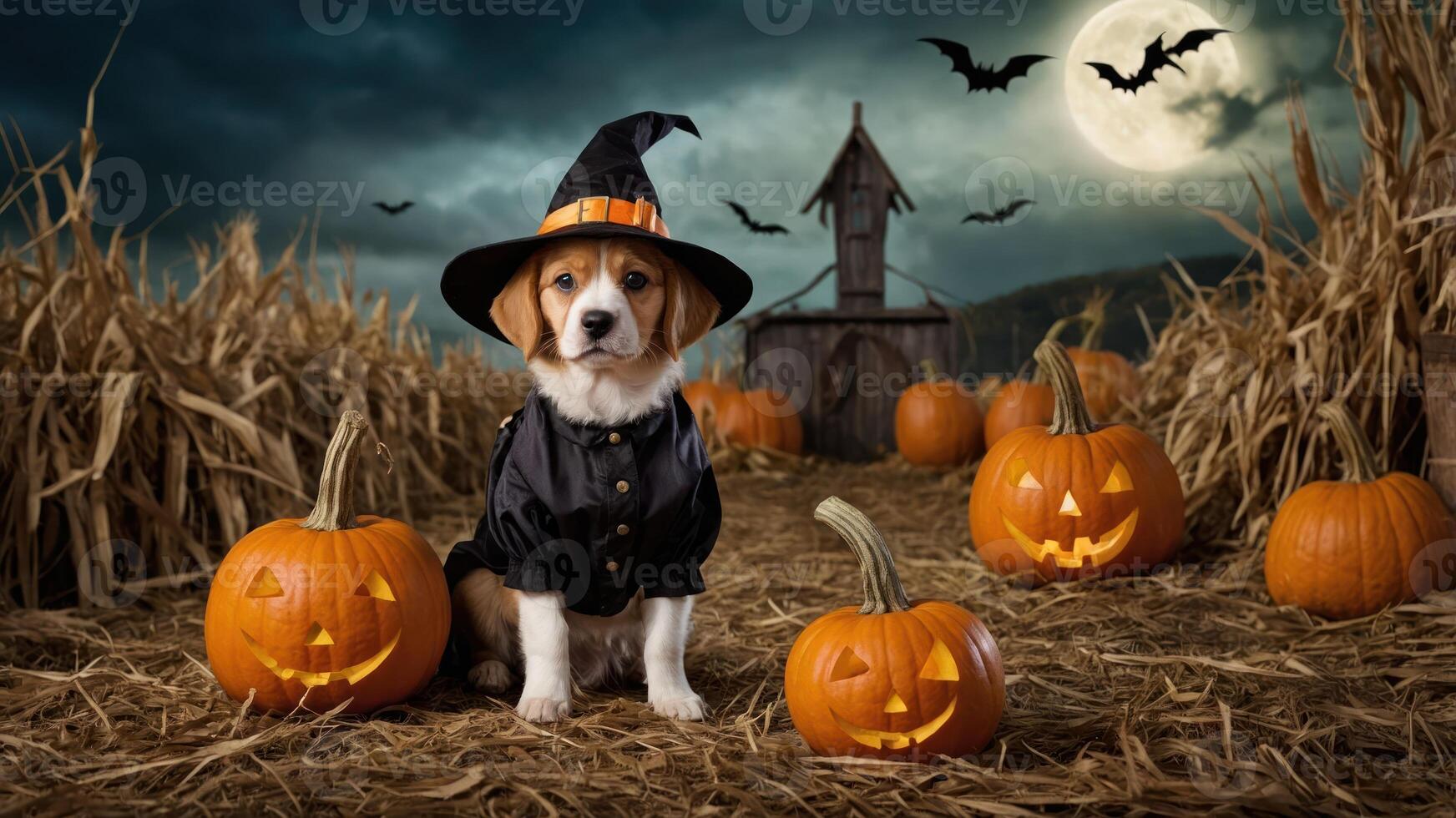 A dog dressed as a witch sits among pumpkins in a spooky Halloween setting. photo
