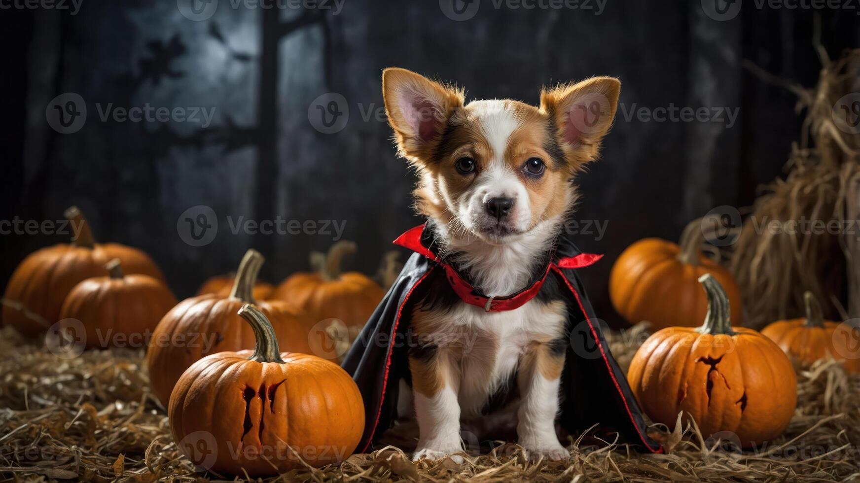 A cute puppy dressed as a vampire surrounded by pumpkins in a Halloween-themed setting. photo