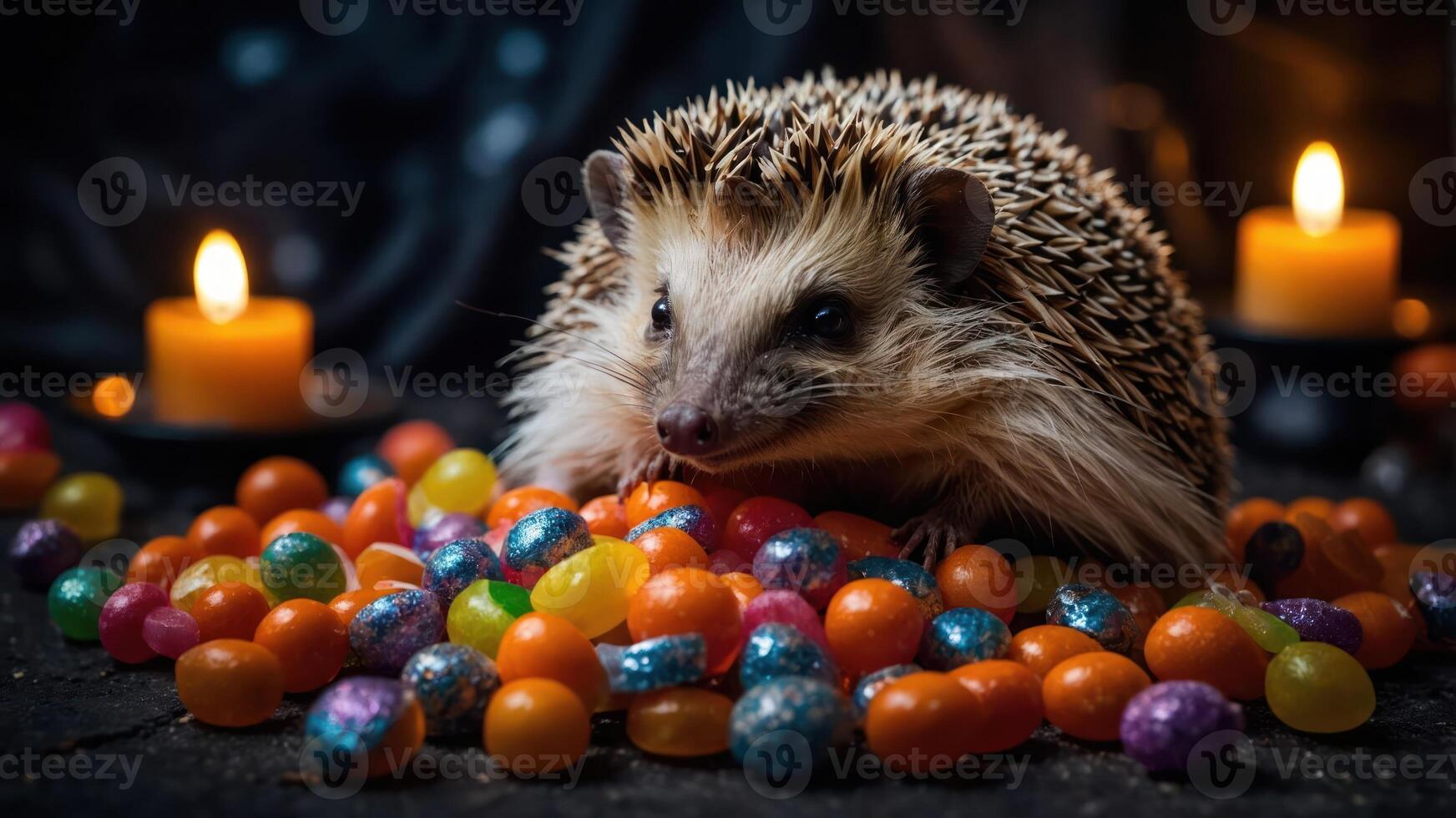 A hedgehog surrounded by colorful candies and lit candles, creating a whimsical atmosphere. photo