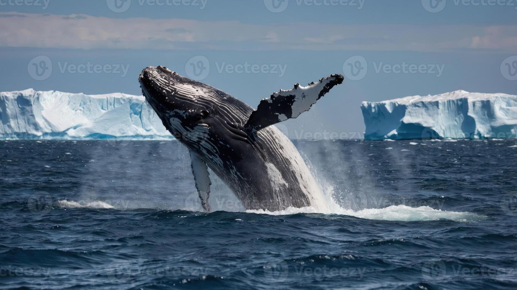 A humpback whale breaches the surface near icebergs in a vibrant ocean scene. photo