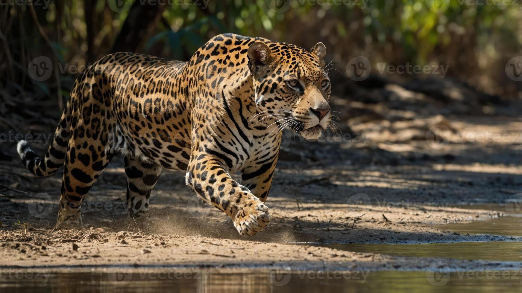 A jaguar gracefully prowls near the water's edge, showcasing its striking coat and agility. photo