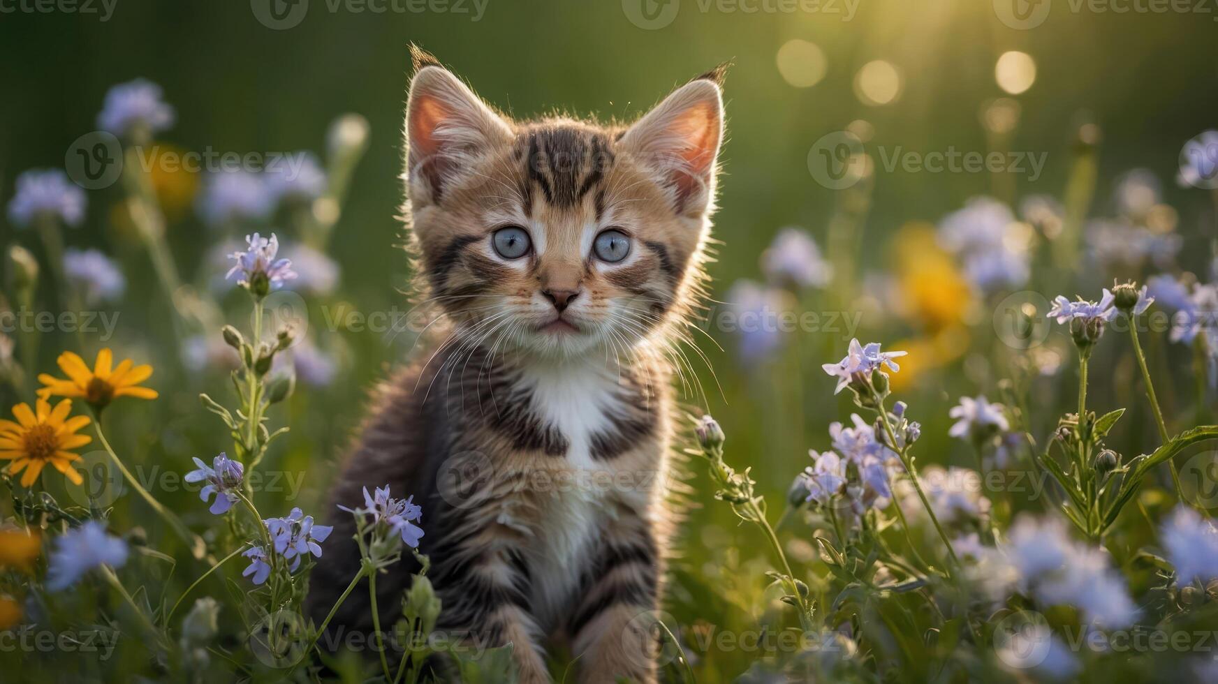 A cute kitten sitting among colorful wildflowers in a sunlit meadow. photo