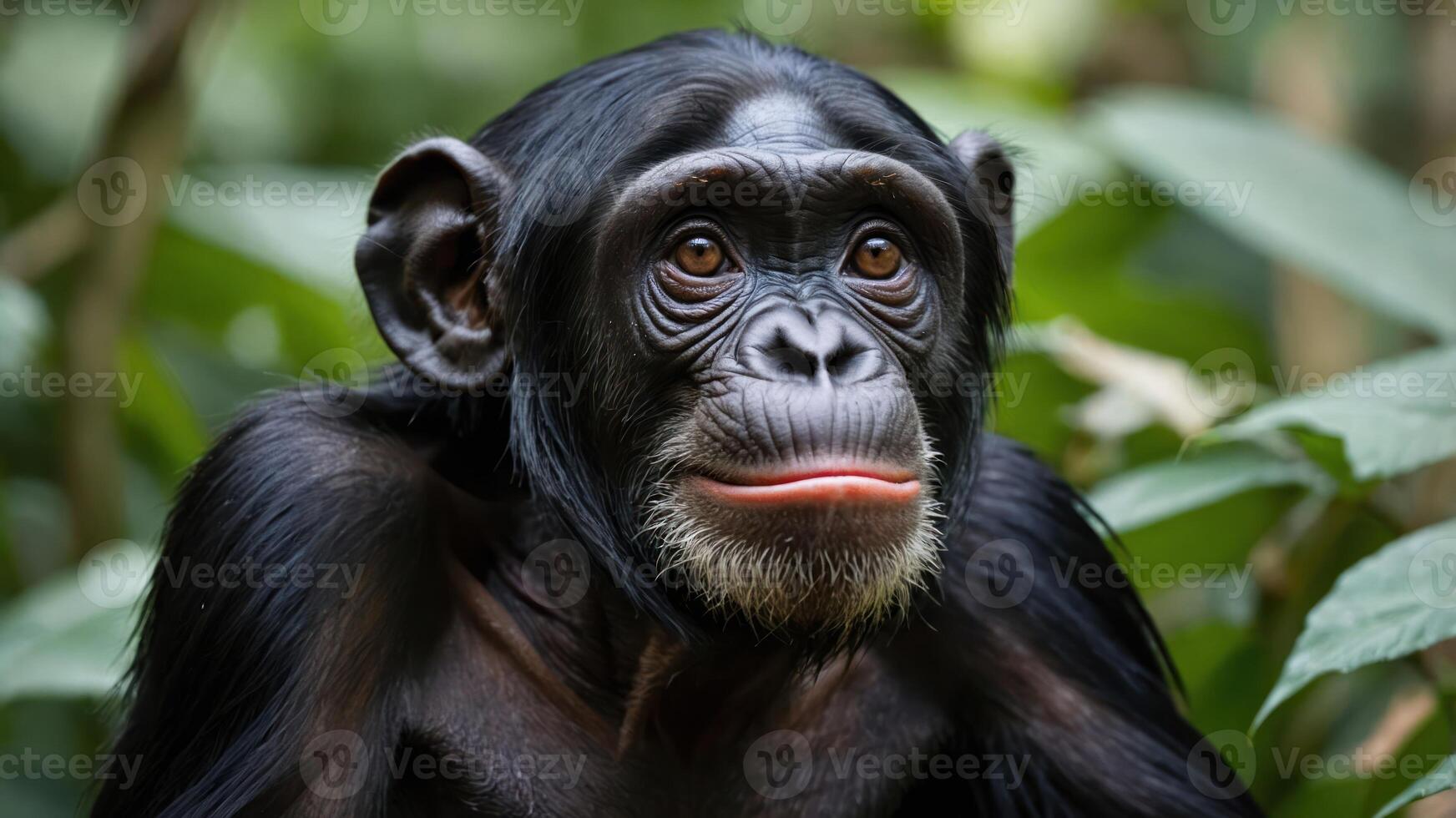 A close-up portrait of a chimpanzee in a lush green environment. photo