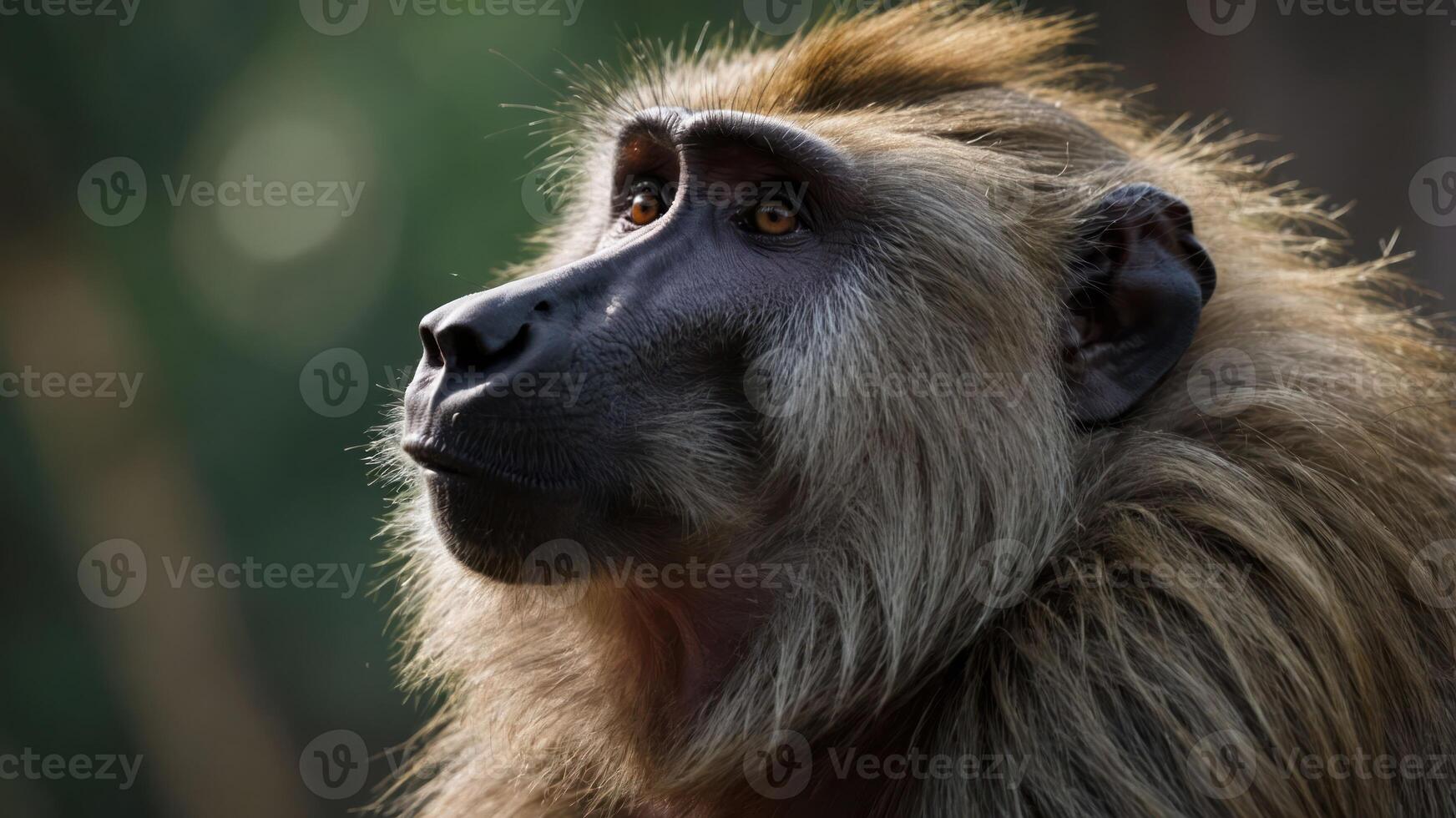 A close-up of a baboon, showcasing its expressive features and fur texture. photo