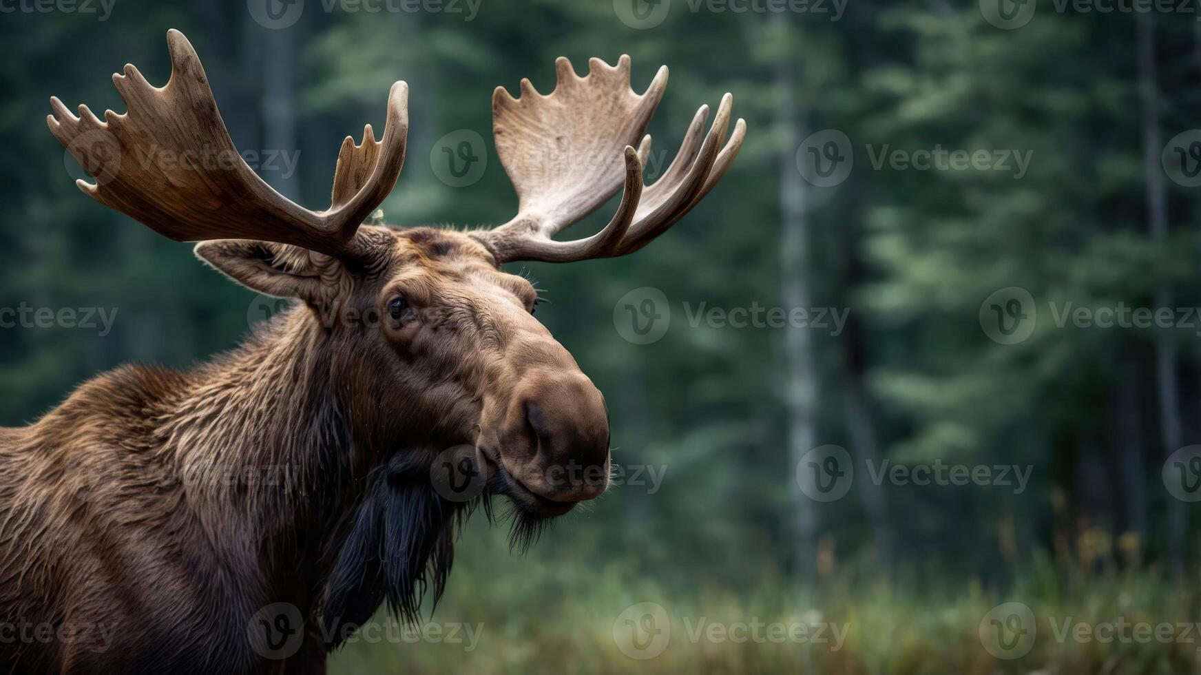 A close-up of a moose in a natural setting, showcasing its antlers and fur. photo