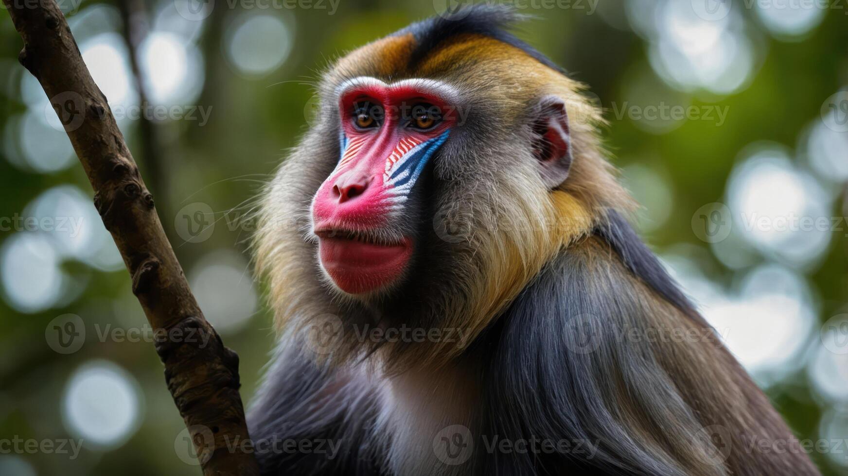 A close-up of a colorful mandrill monkey perched on a branch in a natural setting. photo