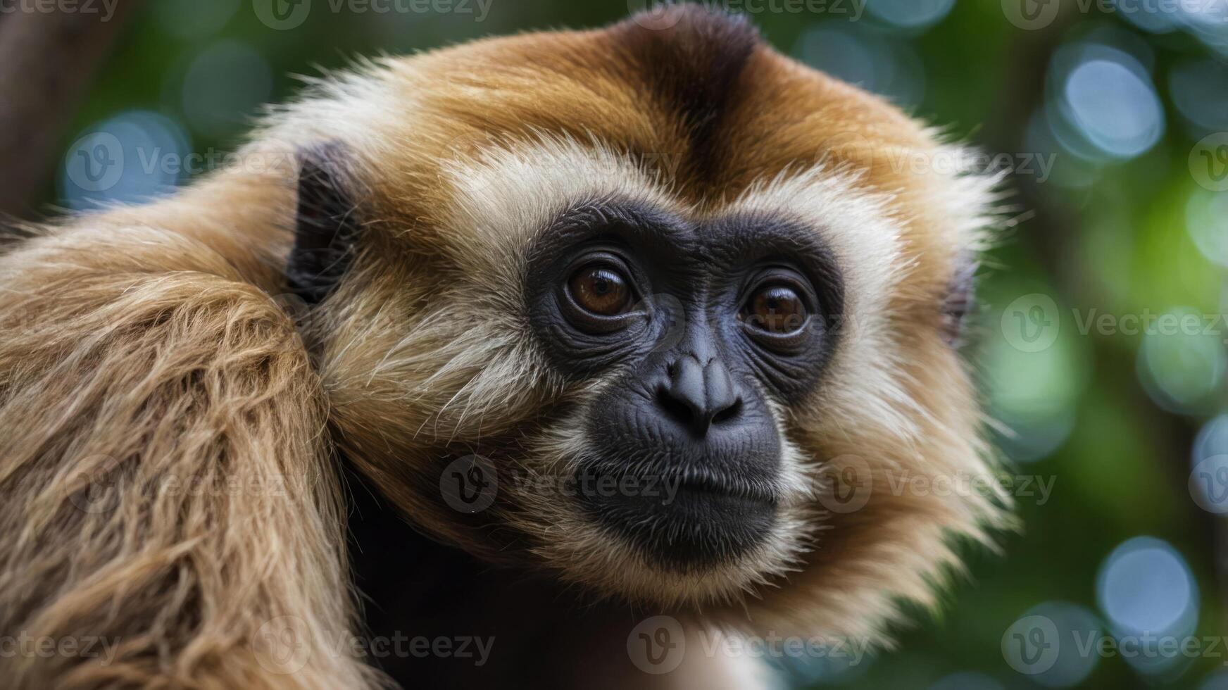 Close-up of a gibbon showcasing its expressive face and fur in a natural setting. photo