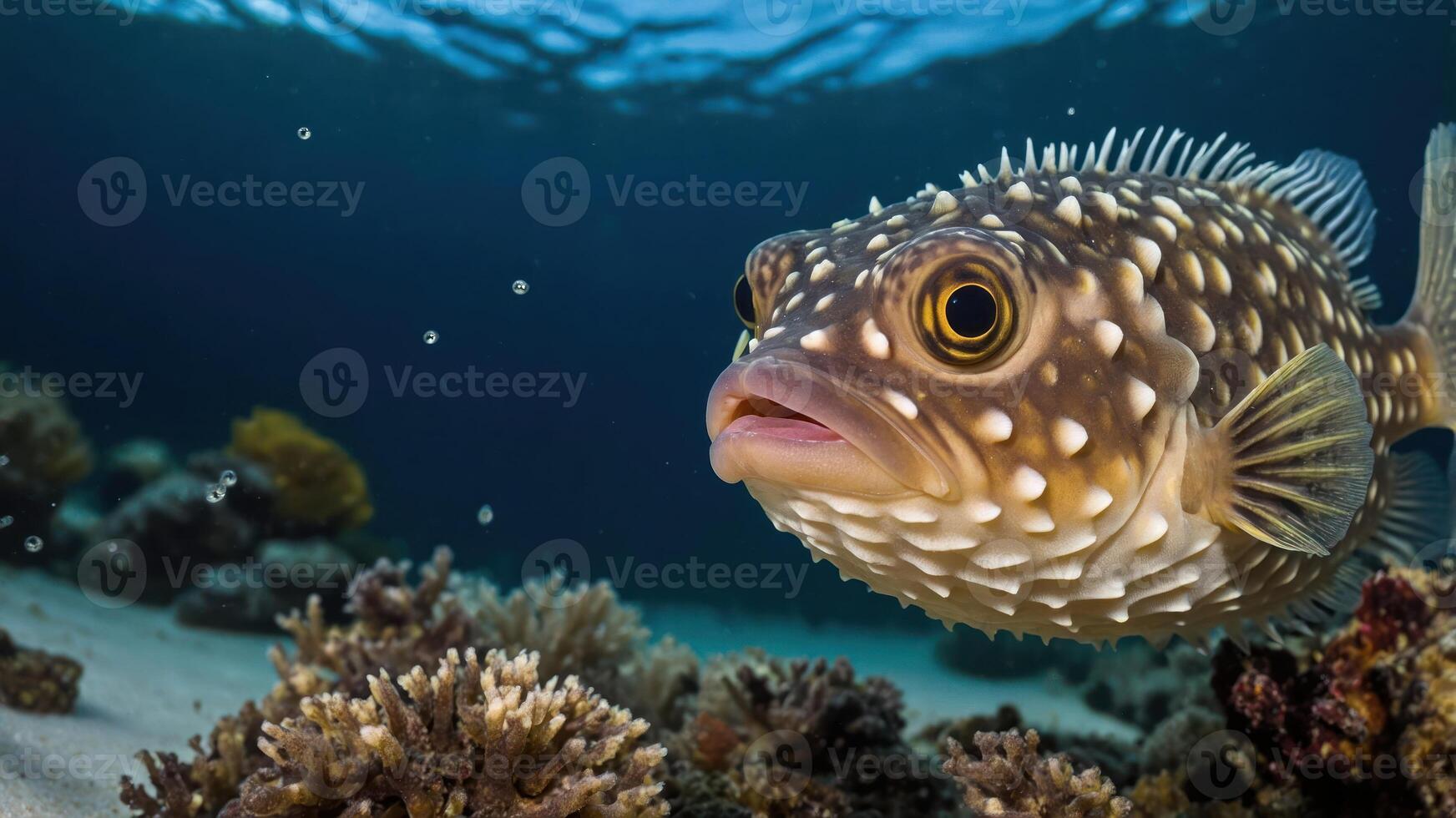 A close-up of a pufferfish swimming near coral in a vibrant underwater environment. photo