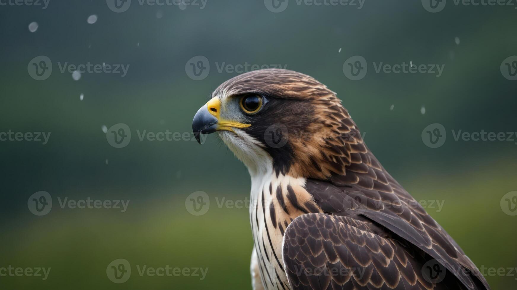 A close-up of a majestic hawk with striking features against a blurred green background. photo