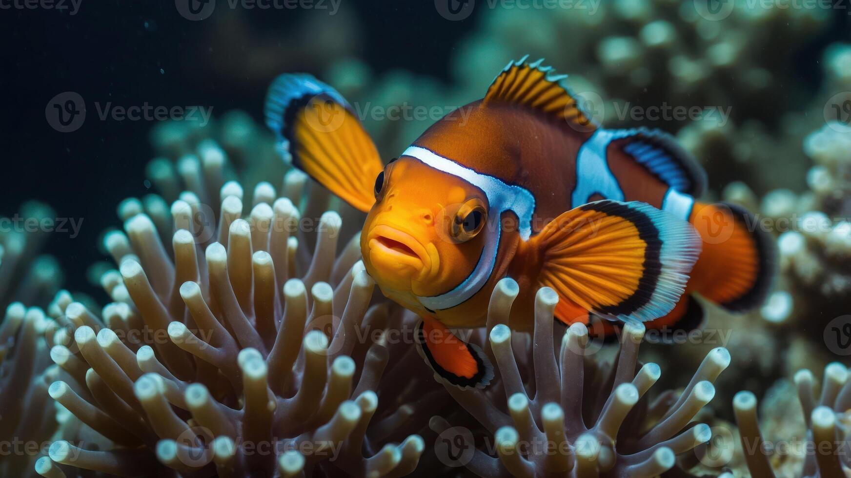 A vibrant clownfish swimming among coral, showcasing marine life and biodiversity. photo