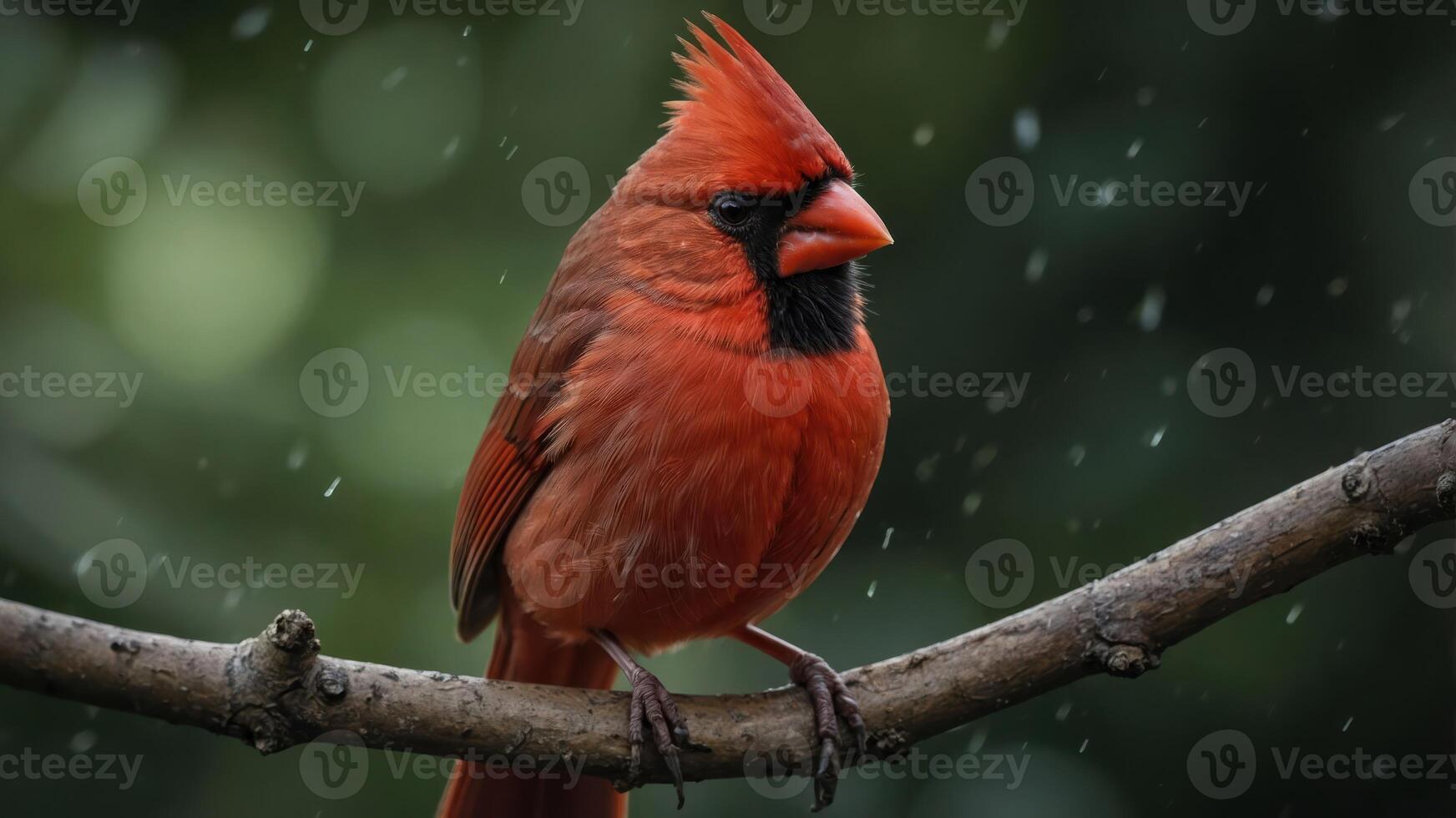 A vibrant red cardinal perched on a branch in a serene, blurred background. photo