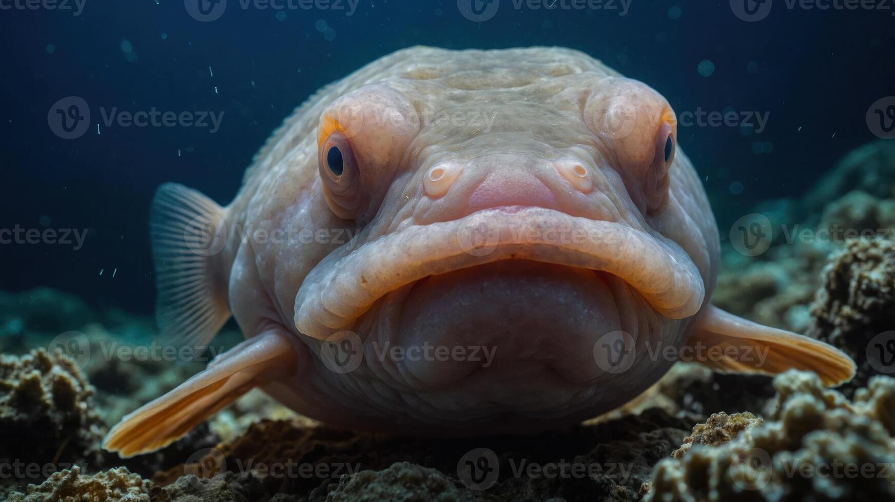 A close-up of a unique fish with a distinct face, showcasing underwater life. photo