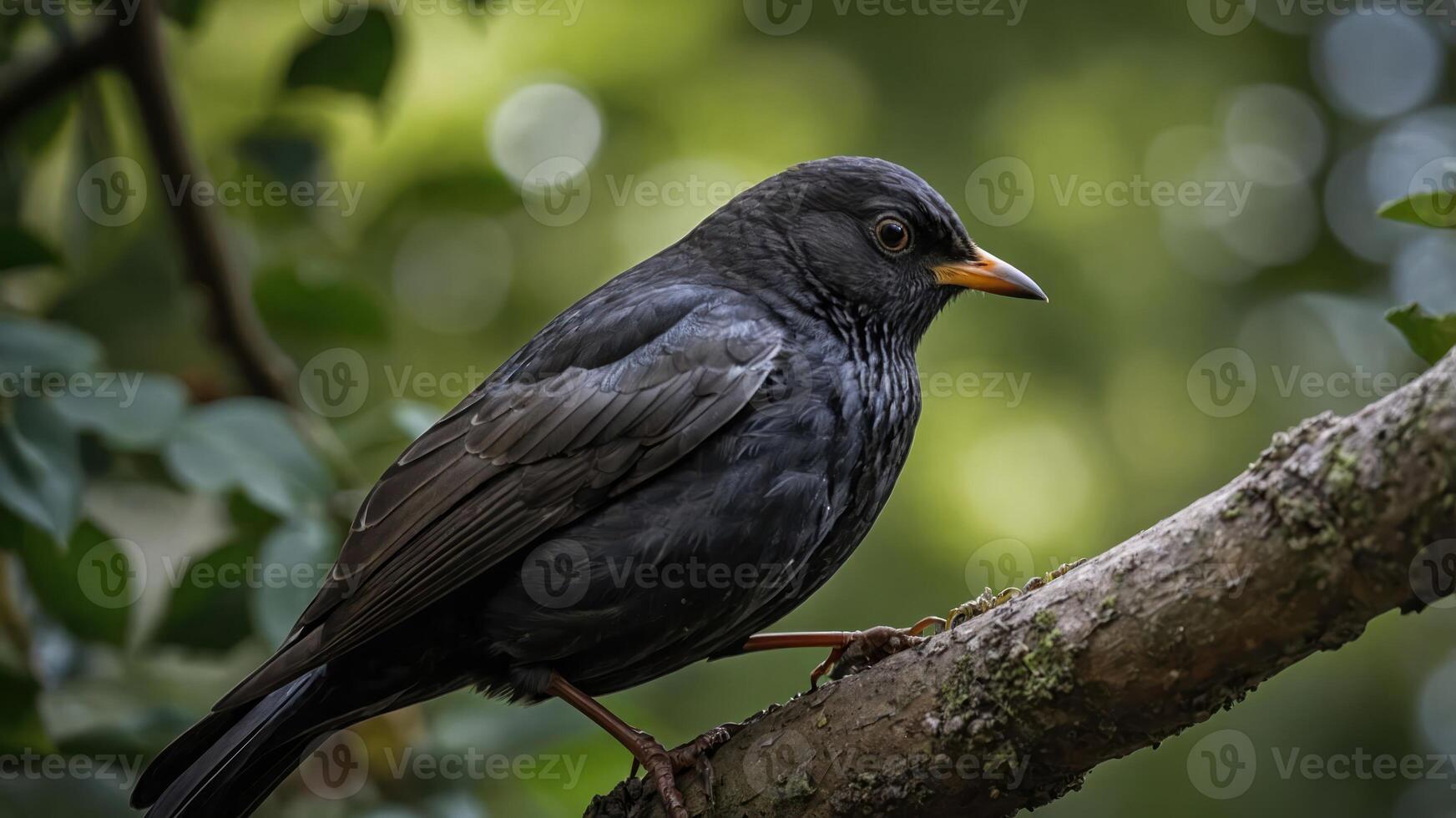 A close-up of a dark bird perched on a branch in a natural setting. photo