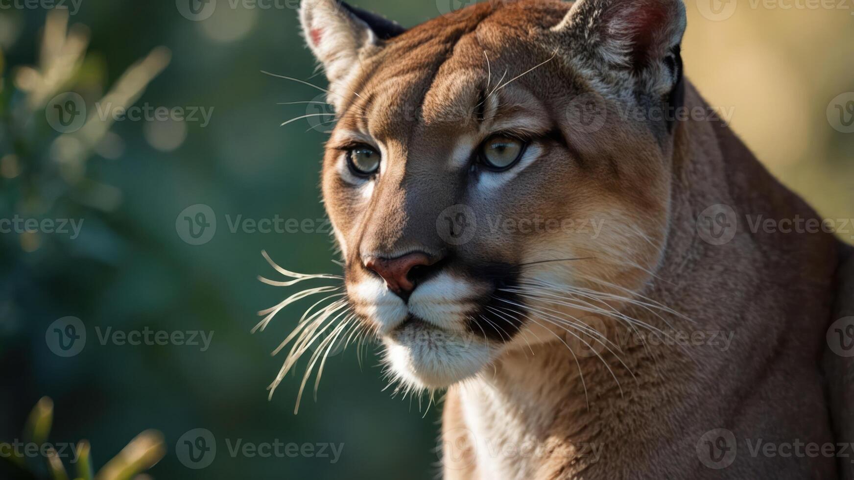 Close-up of a puma displaying its striking features in a natural setting. photo
