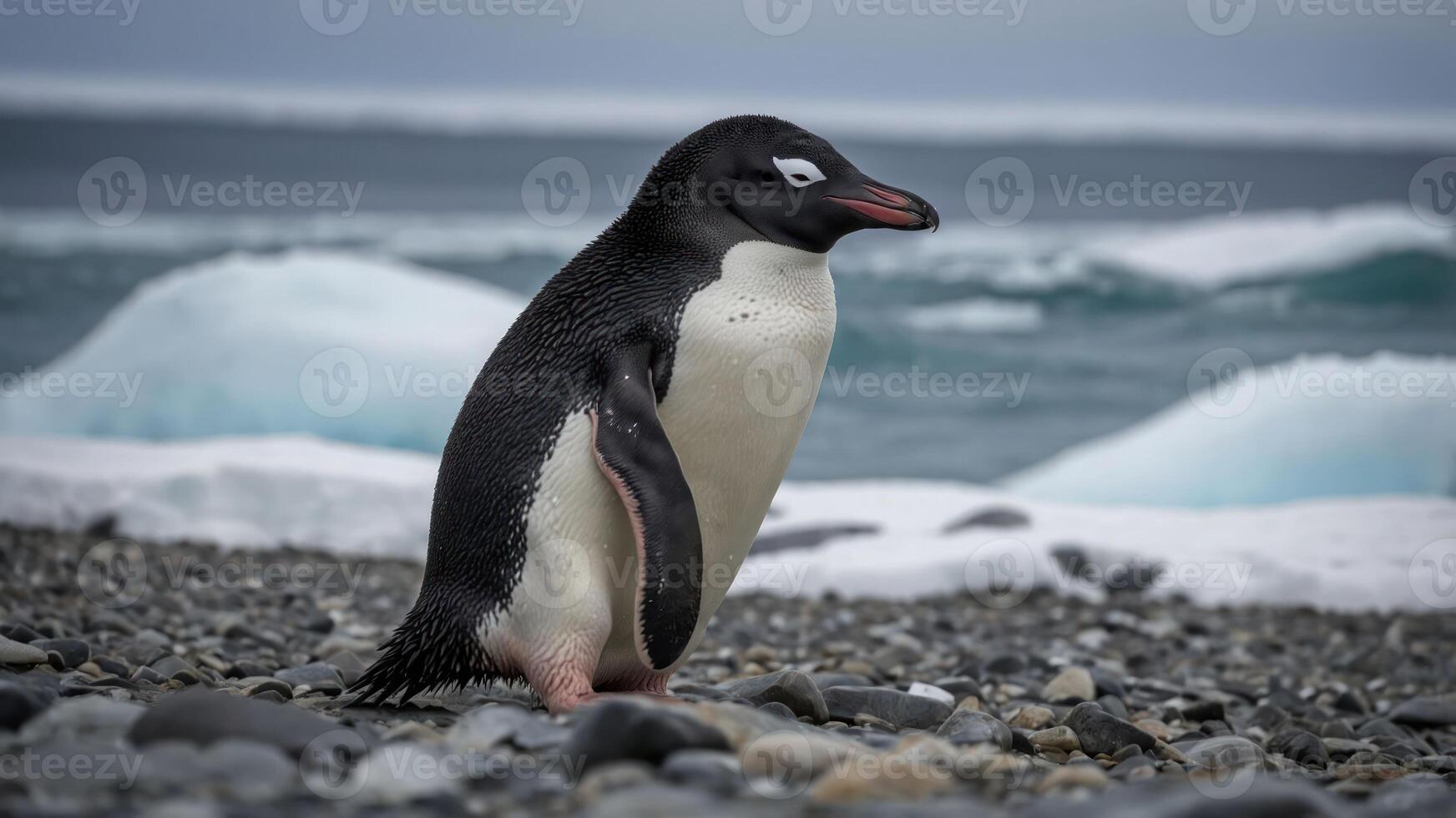 A solitary penguin stands on rocky terrain near icy waters, showcasing wildlife in its habitat. photo