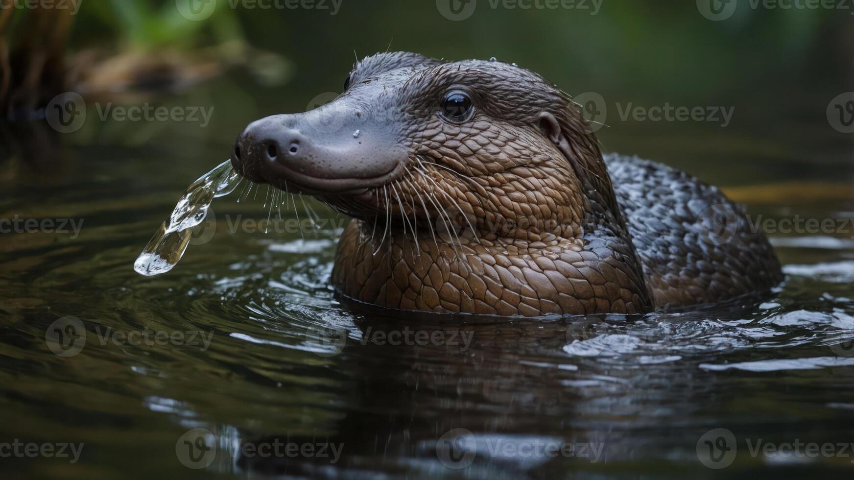 A close-up of a water-dwelling mammal with a playful expression, surrounded by nature. photo