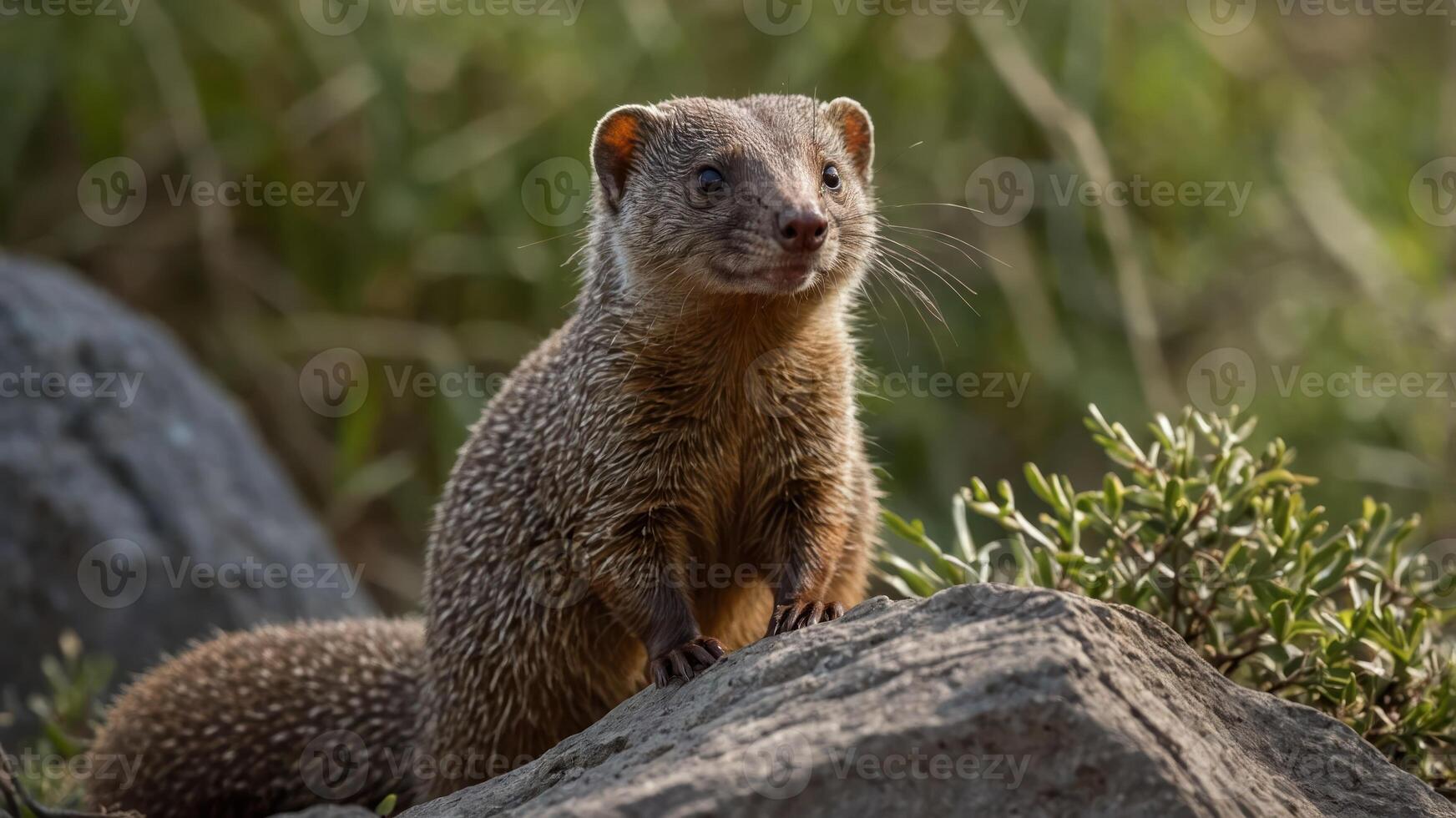 A mongoose perched on a rock, showcasing its curious expression in a natural setting. photo