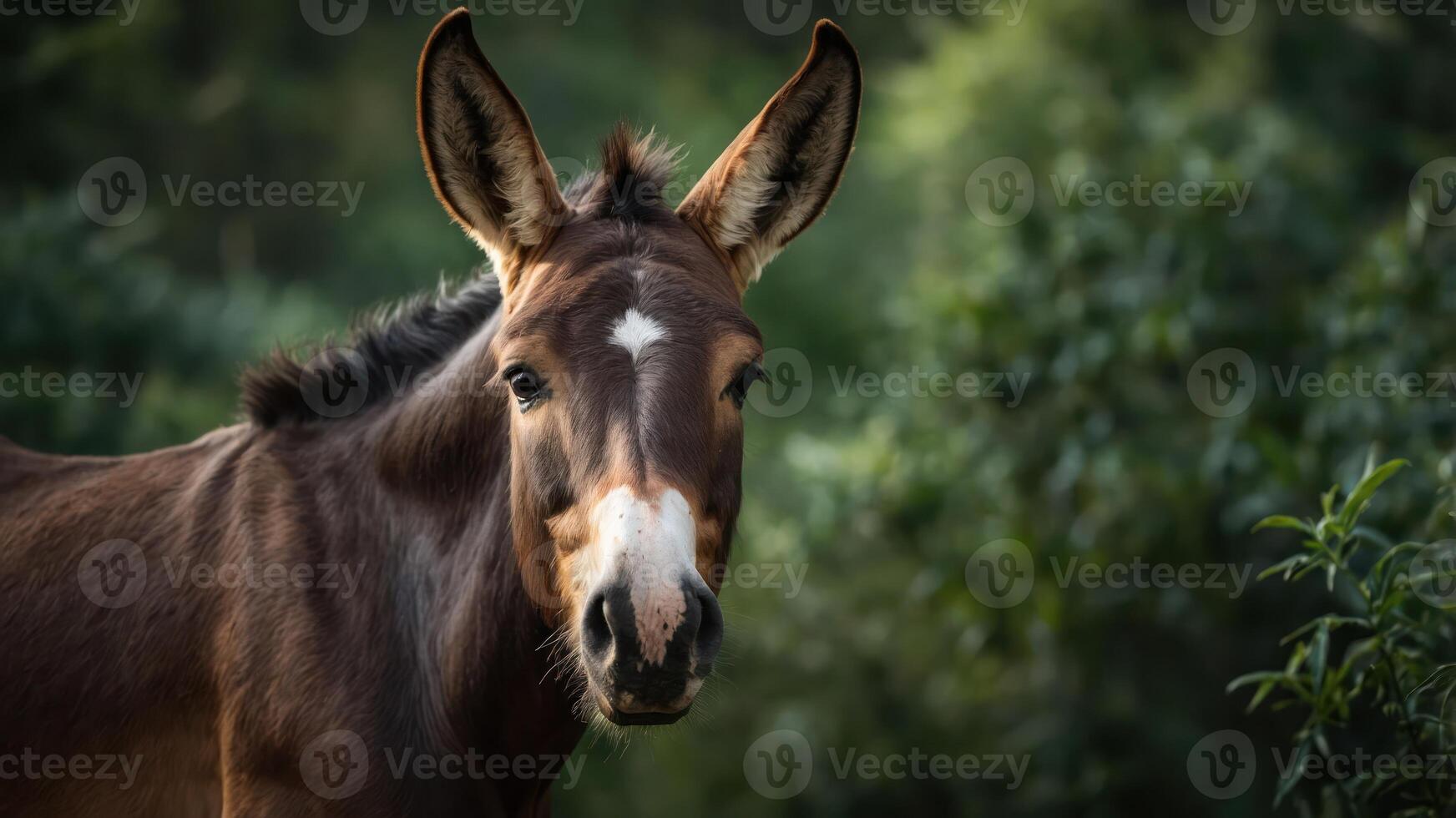 A close-up of a mule with expressive ears and a gentle demeanor in a natural setting. photo