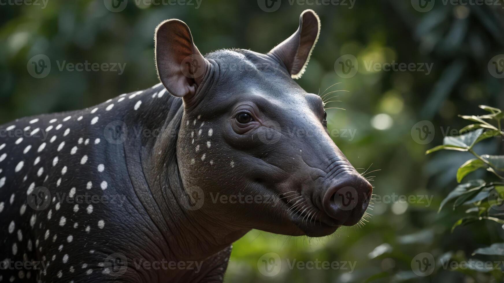 A close-up of a spotted animal in a lush, green environment. photo
