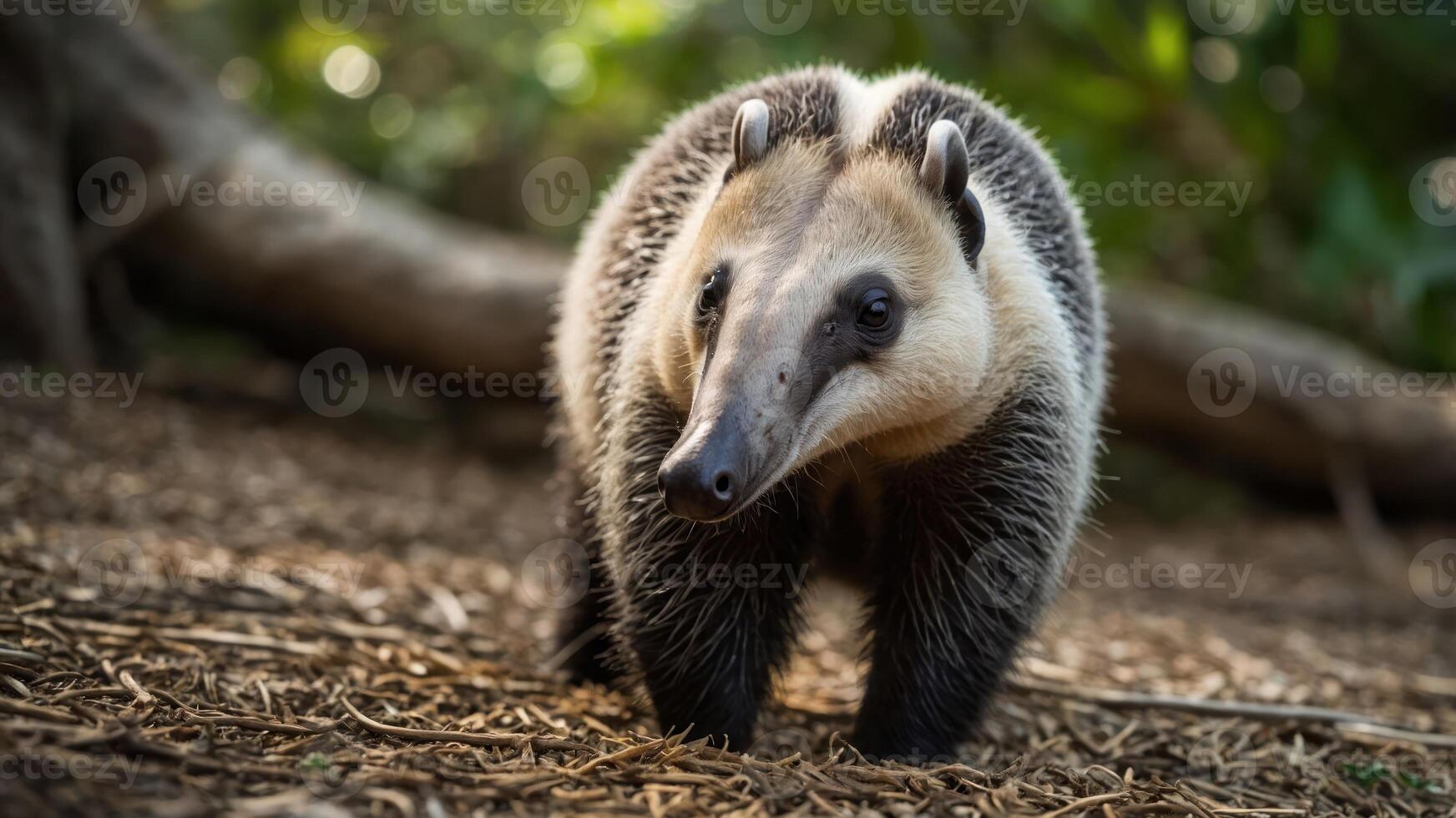 A close-up of an anteater walking through a natural habitat with a blurred background. photo