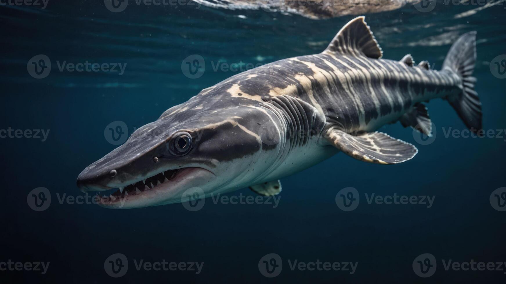 A close-up view of a shark swimming underwater, showcasing its features and habitat. photo
