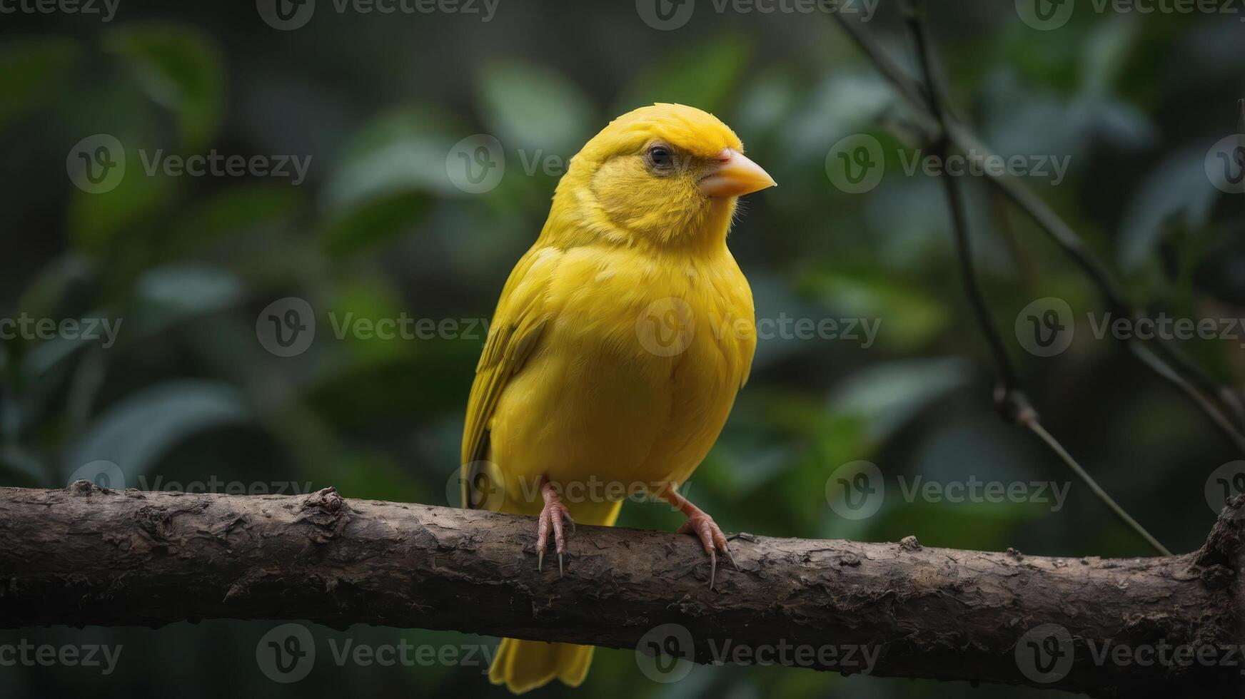 A vibrant yellow bird perched on a branch in a natural setting. photo