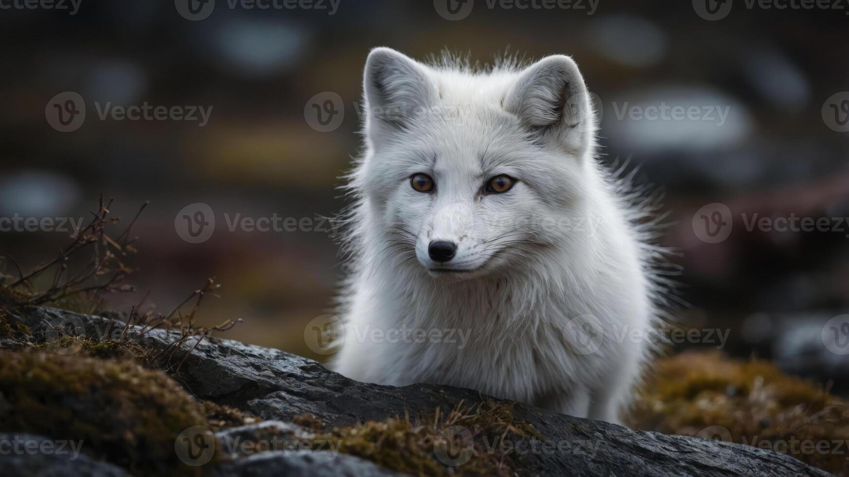 A close-up of an Arctic fox in a natural setting, showcasing its striking white fur. photo