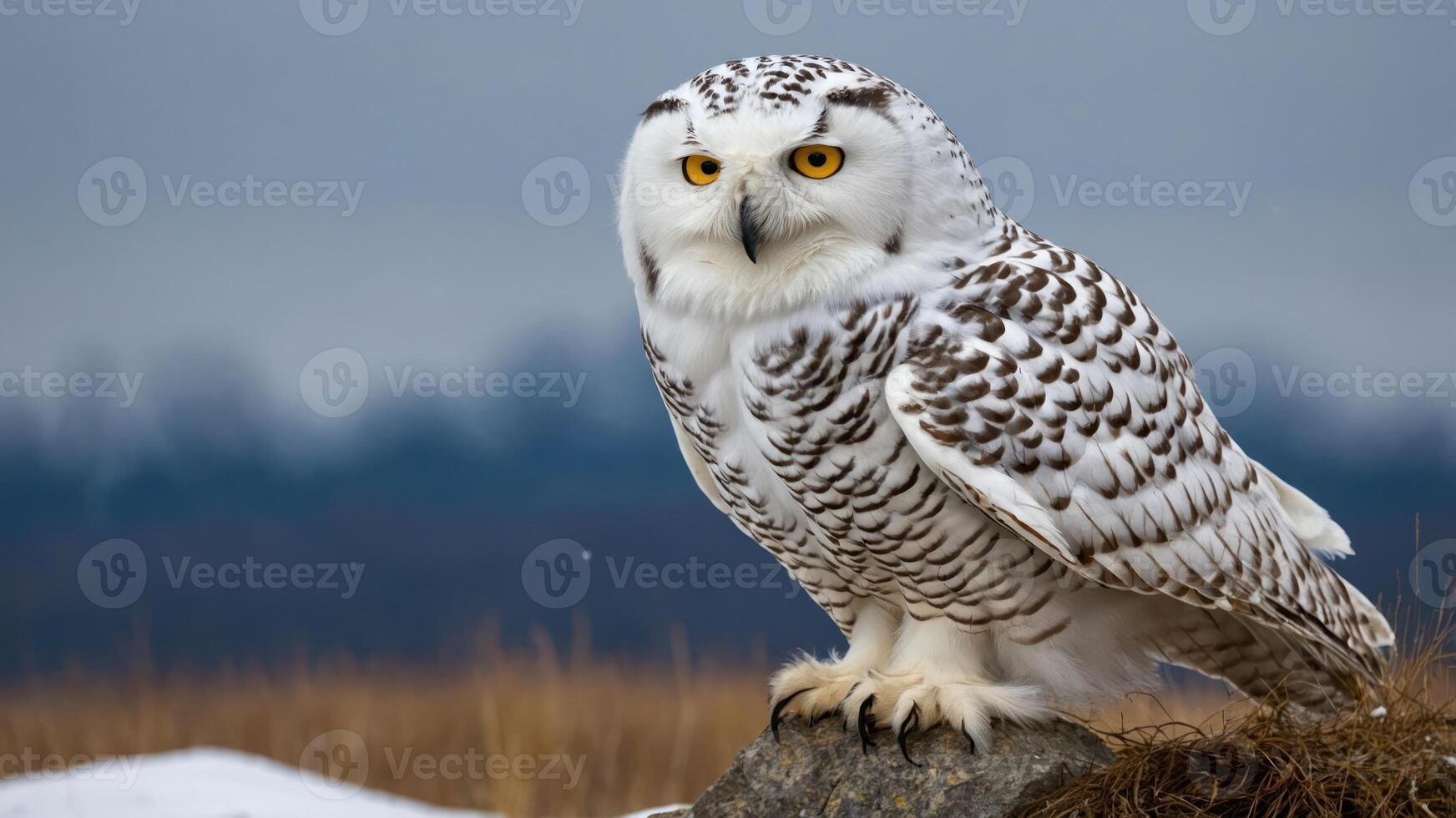 A snowy owl perched on a rock, showcasing its striking plumage and intense gaze. photo