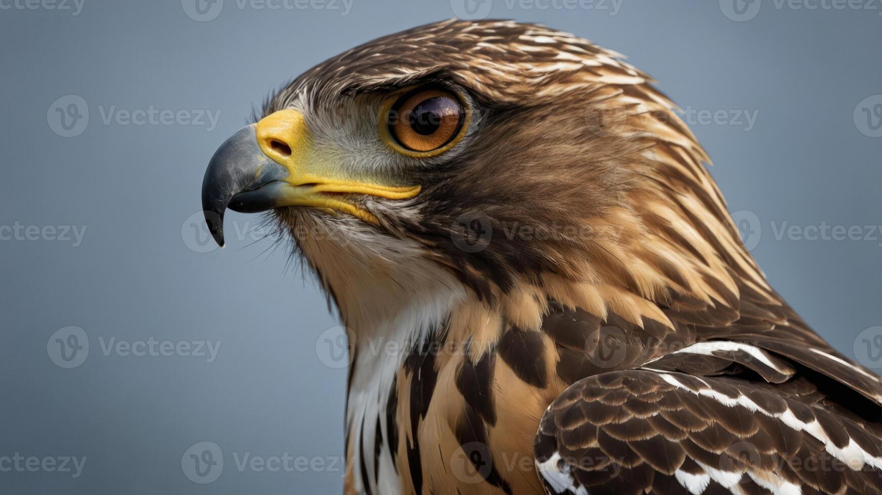A close-up of a hawk showcasing its sharp features and striking colors against a blurred background. photo