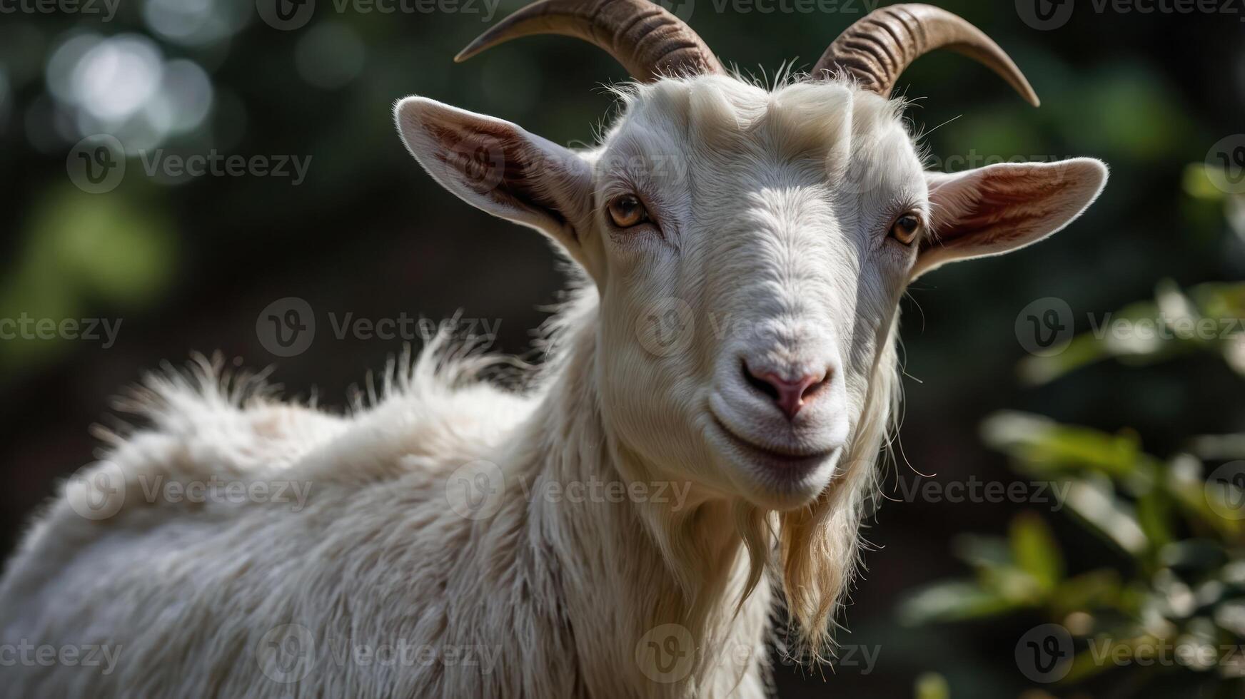 A close-up of a goat with prominent horns and a friendly expression in a natural setting. photo