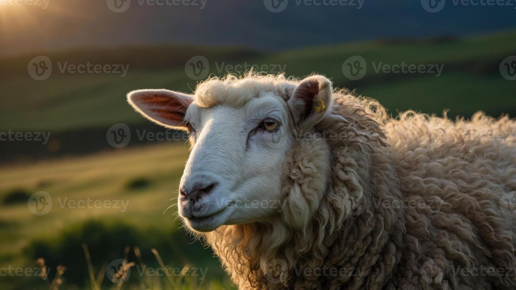 A close-up of a sheep in a serene landscape during golden hour. photo