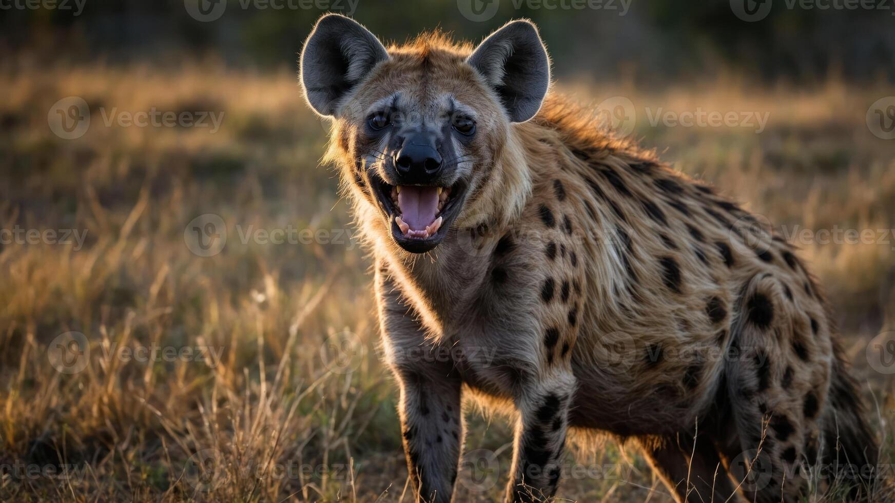 A hyena stands in a grassy field, showcasing its unique features and playful demeanor. photo