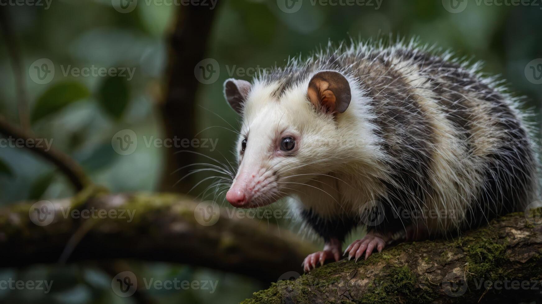 A close-up of an opossum perched on a branch in a lush, green environment. photo