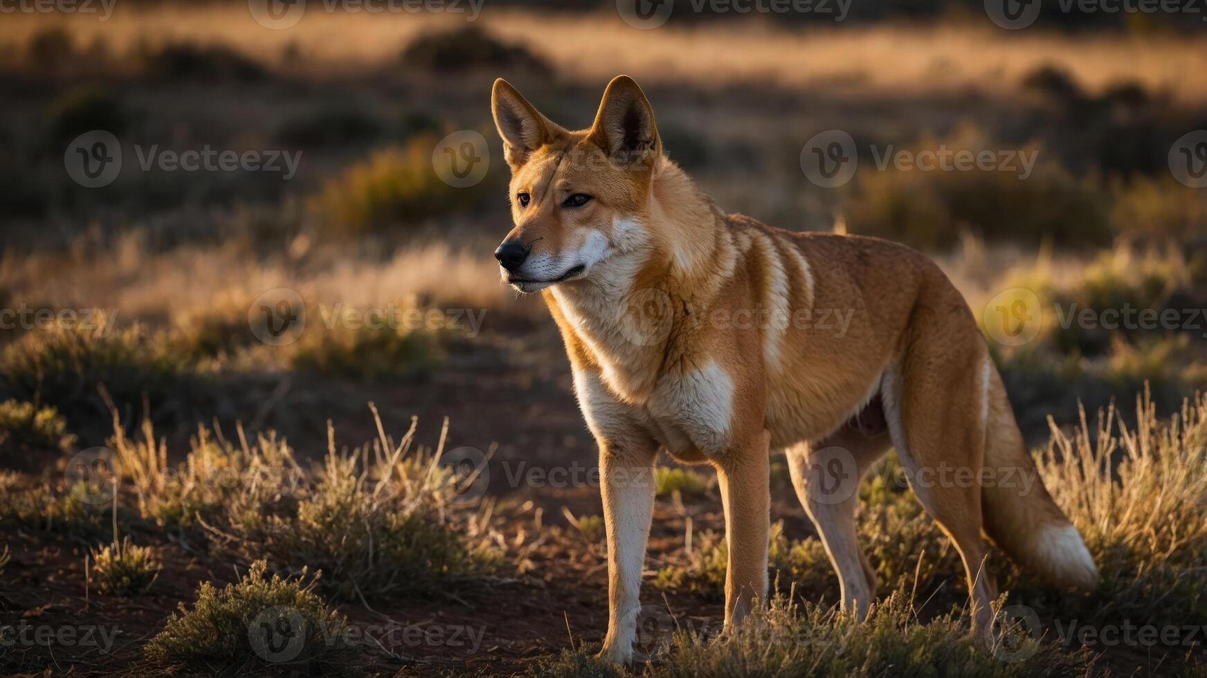 A dingo stands in a sunlit landscape, showcasing its natural habitat and beauty. photo