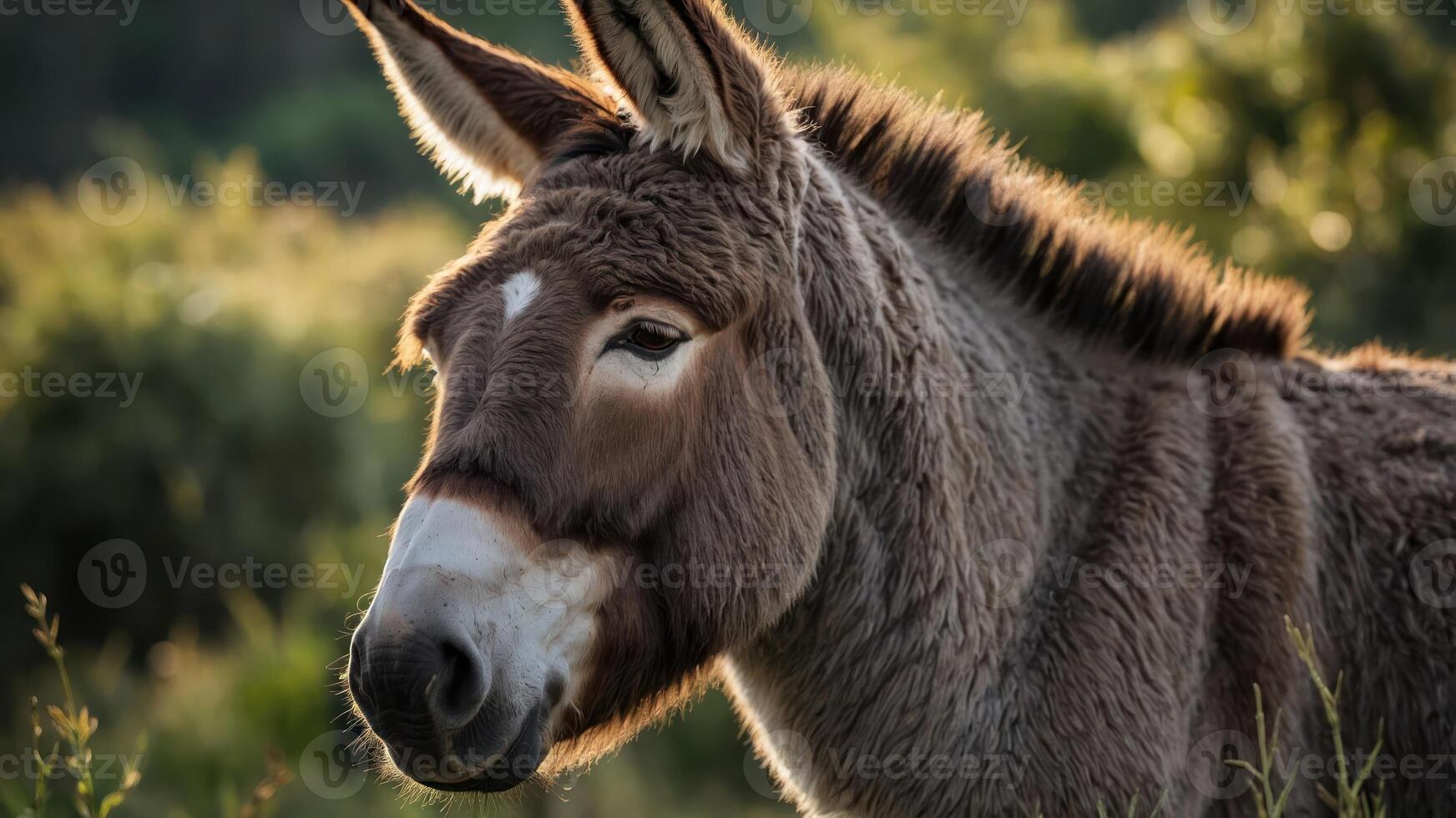 A close-up of a donkey's face amidst a natural background. photo