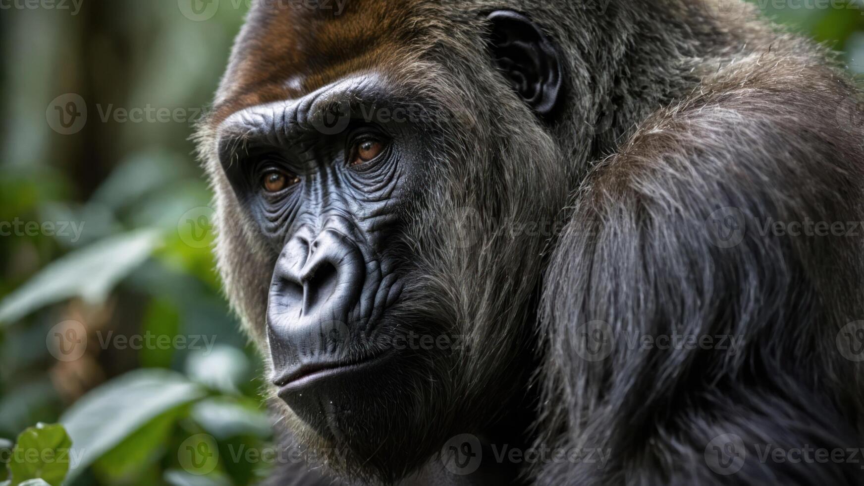 A close-up of a gorilla's face, showcasing its expressive eyes and textured fur. photo