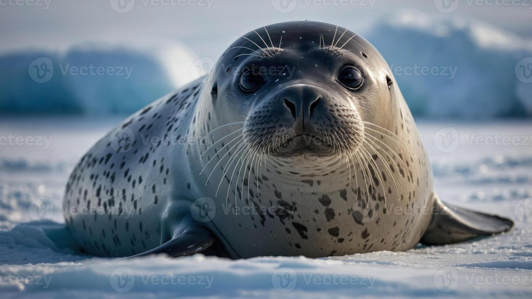 A close-up of a seal resting on ice, showcasing its curious expression and spotted fur. photo