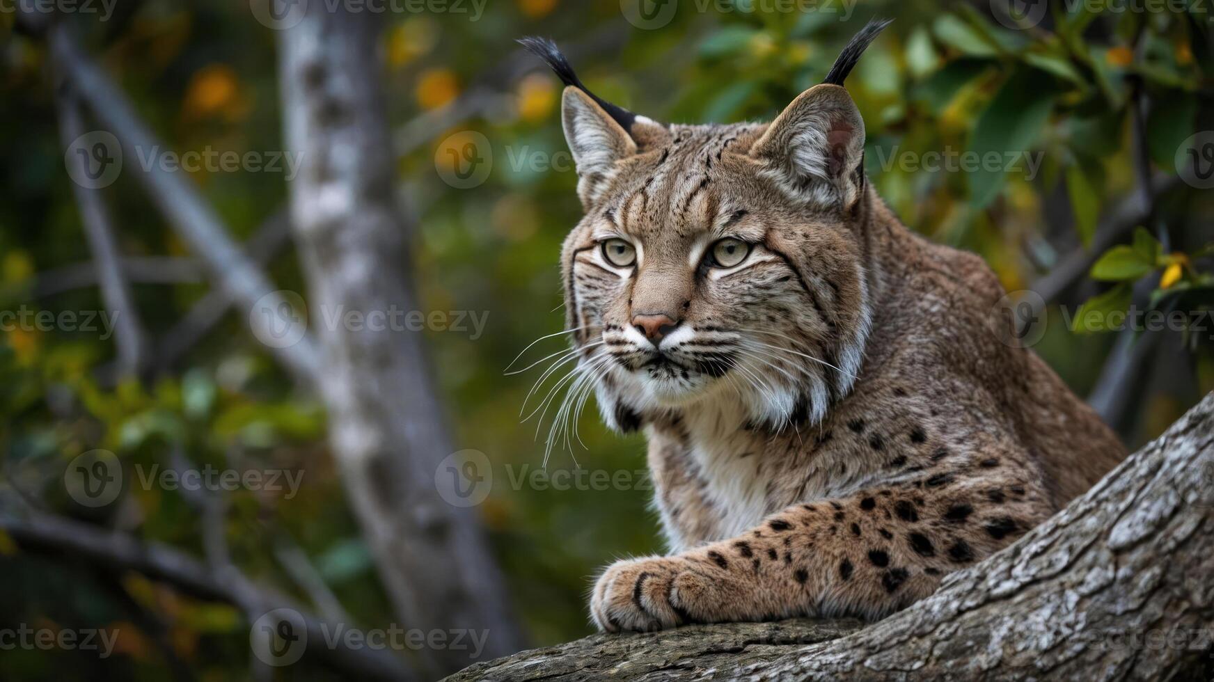 A close-up of a lynx resting on a branch in a natural setting. photo