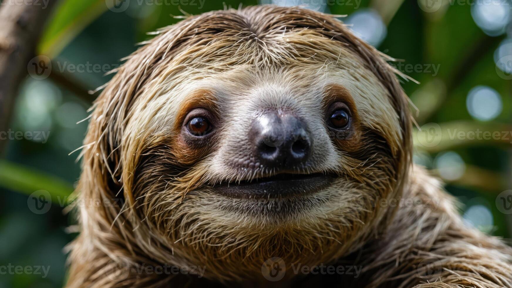 A close-up of a smiling sloth in a natural setting, showcasing its unique features. photo